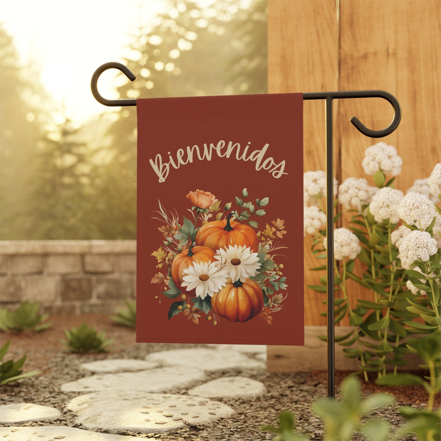 Bienvenidos Fall Yard Flag with Floral Pumpkin Design