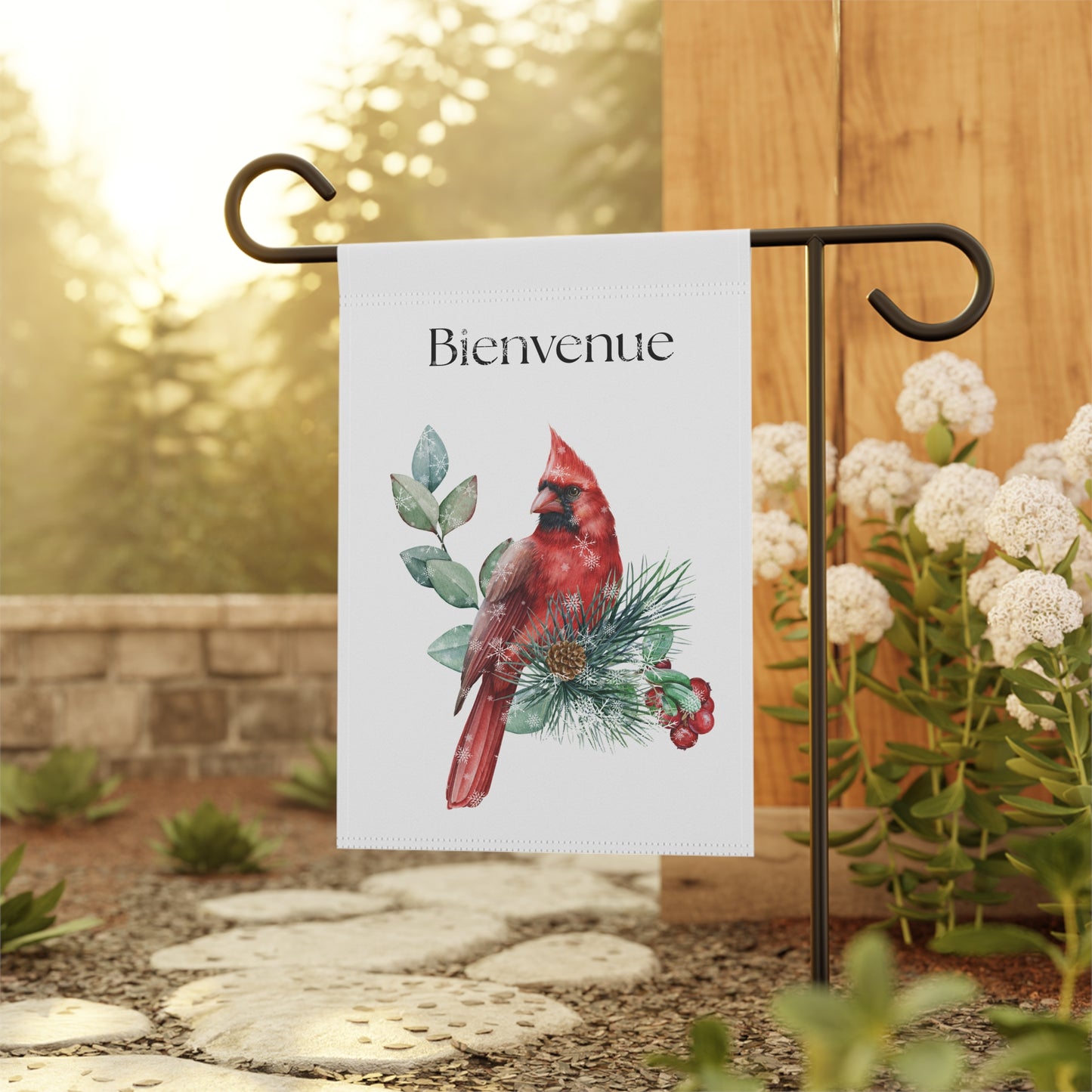 Bienvenue Winter Cardinal yard flag