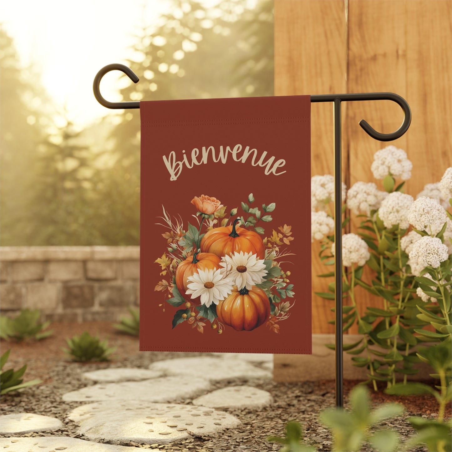 Bienvenue Fall Yard Flag with Floral Pumpkin Design