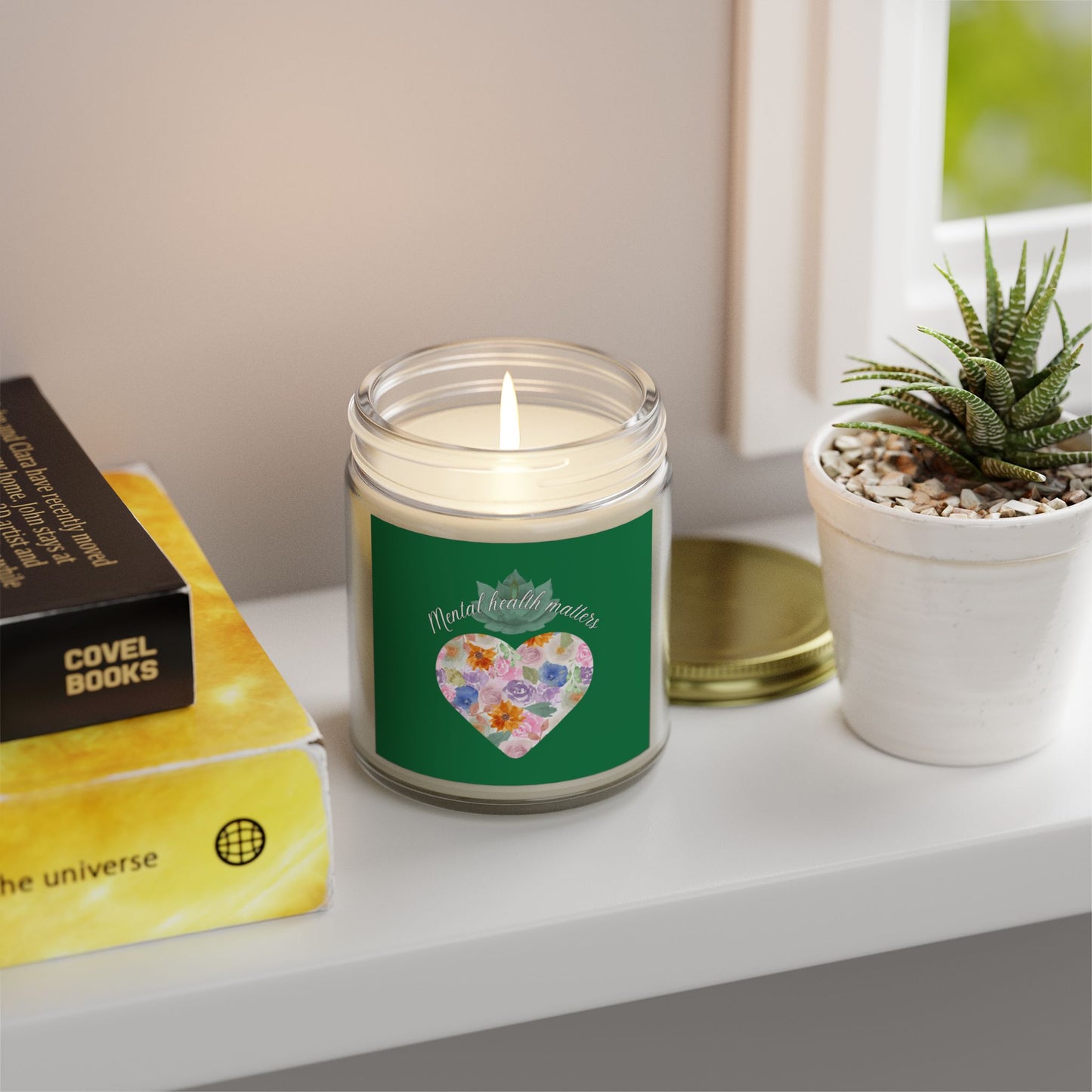 Green Mental health matters Scented Candles, Coconut Apricot Wax (4oz, 9oz)