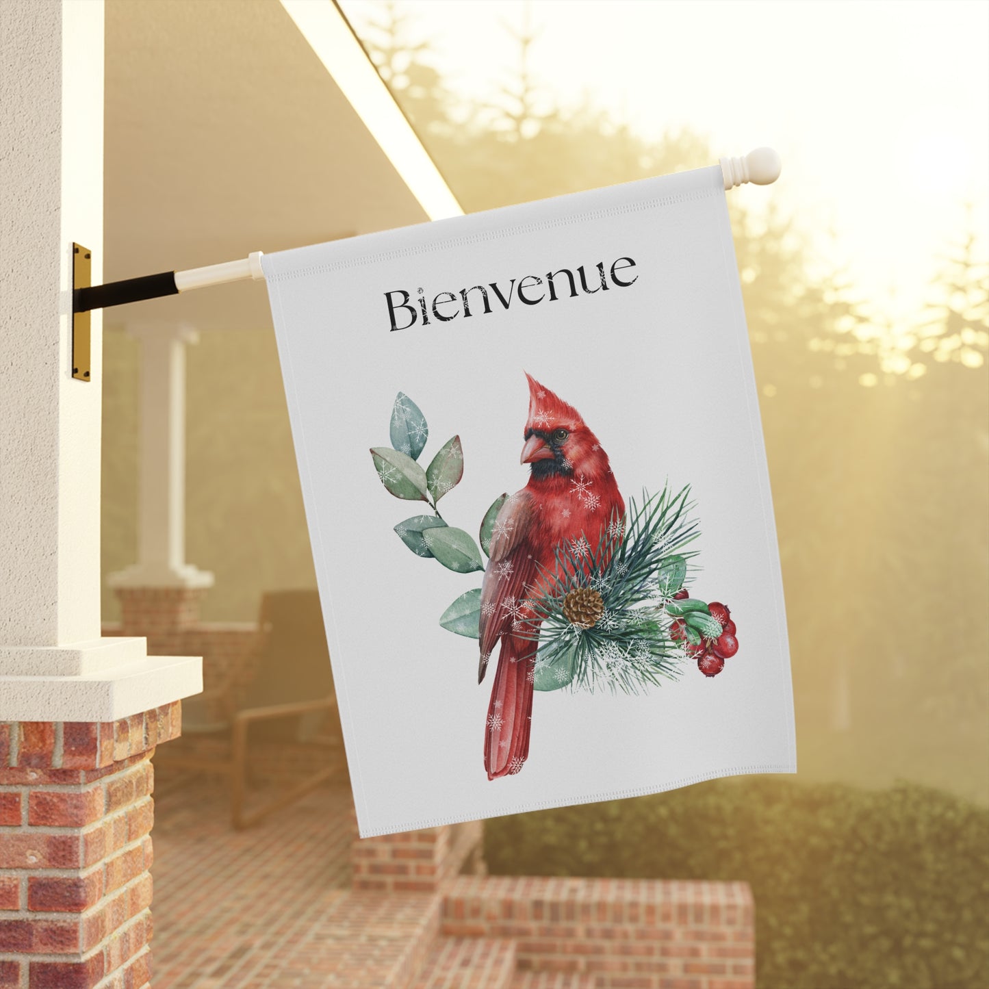 Bienvenue Winter Cardinal yard flag