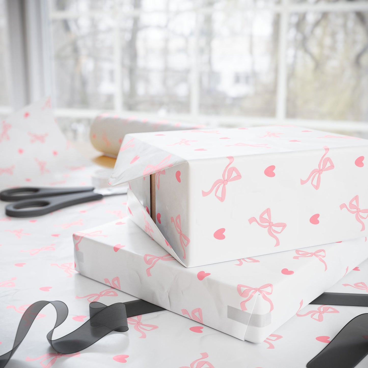 Papier cadeau Coquette, emballage cadeau noeuds et coeurs, papier cadeau rose pour baby shower, féminin, mignon, joli, noeuds et coeur rose pastel