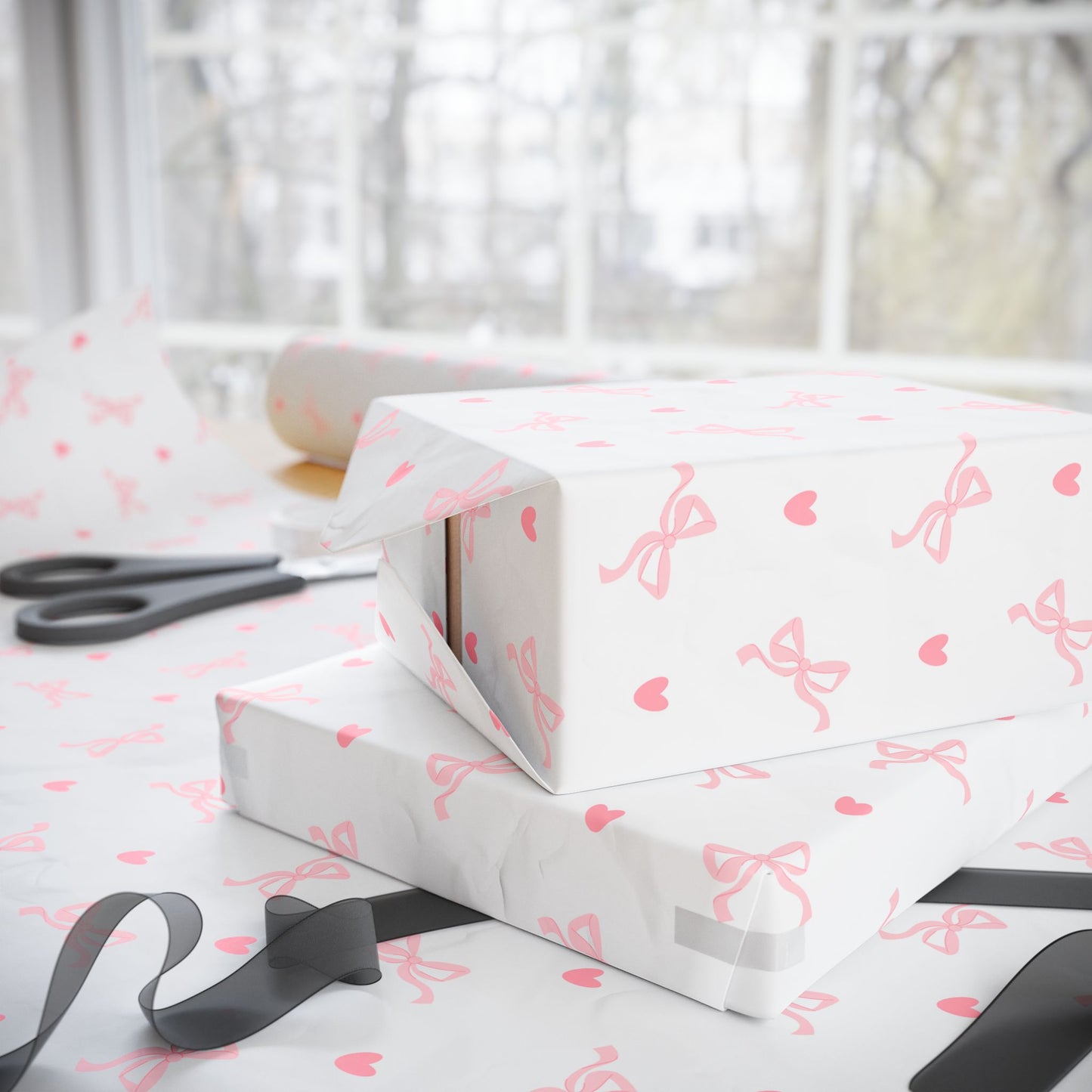 Papier cadeau Coquette, emballage cadeau noeuds et coeurs, papier cadeau rose pour baby shower, féminin, mignon, joli, noeuds et coeur rose pastel