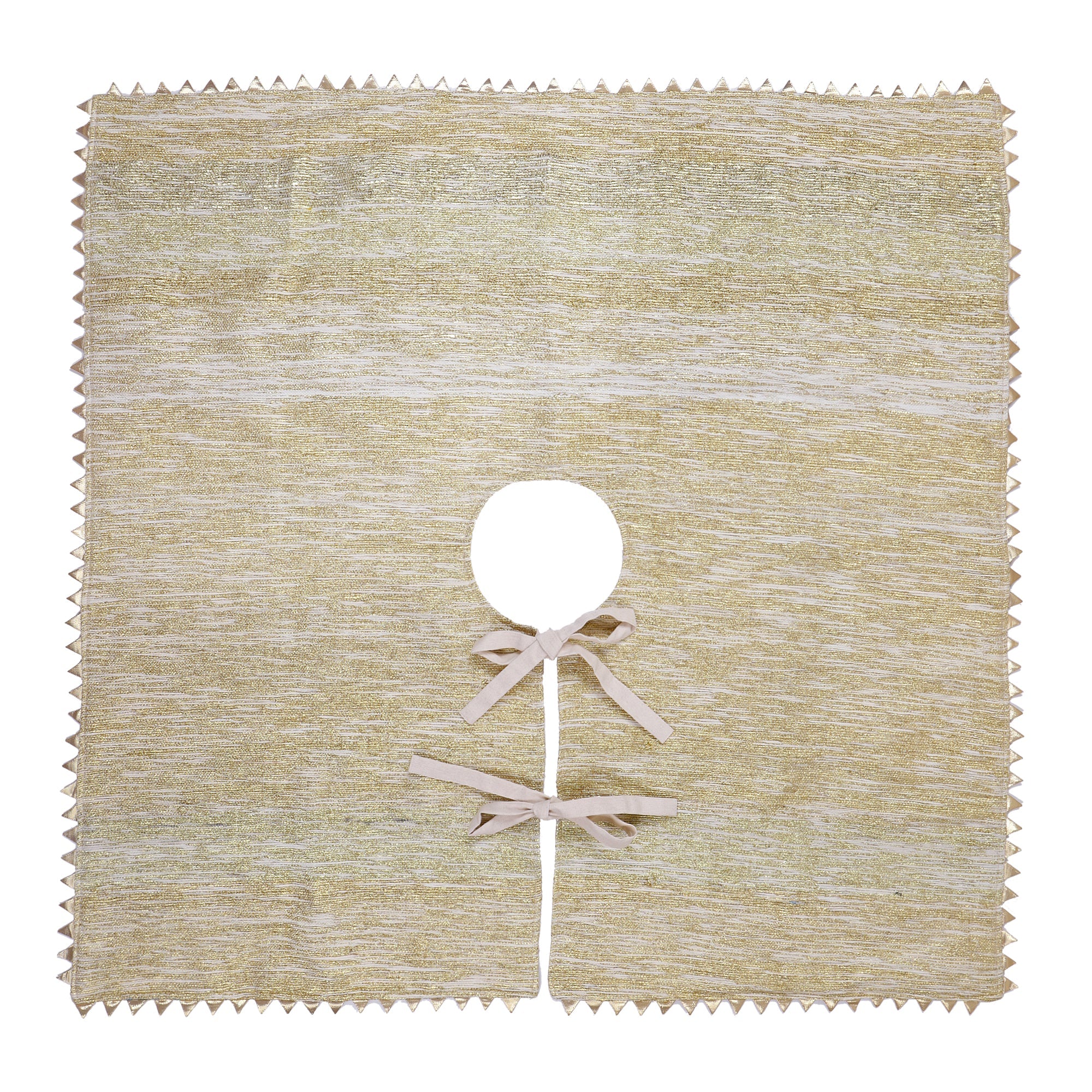 Square tree skirt made from upcycled golden-brown vintage saree fabric with woven texture and zigzag pinking shear edges, featuring a center opening with beige ribbon ties for closure, photographed against a white background