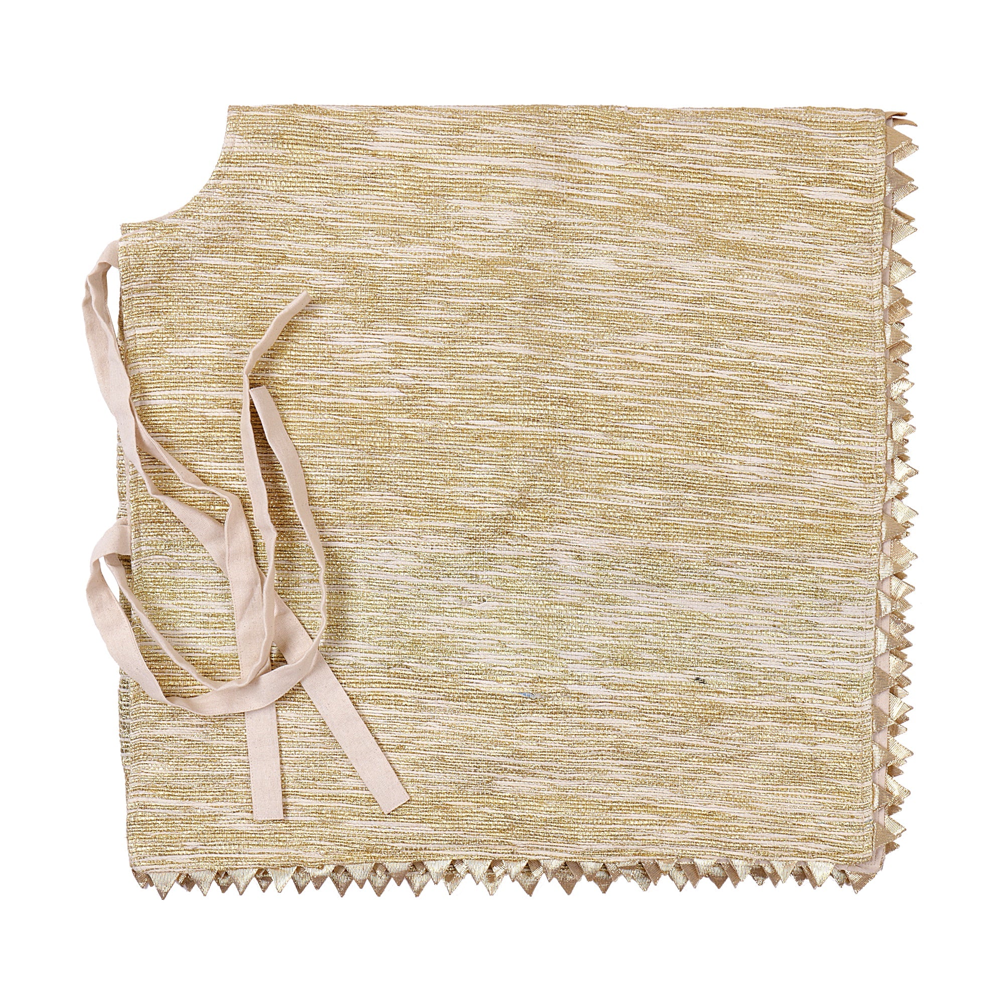Square tree skirt made from upcycled golden-brown vintage saree fabric with woven texture and zigzag pinking shear edges, featuring a center opening with beige ribbon ties for closure, photographed against a white background