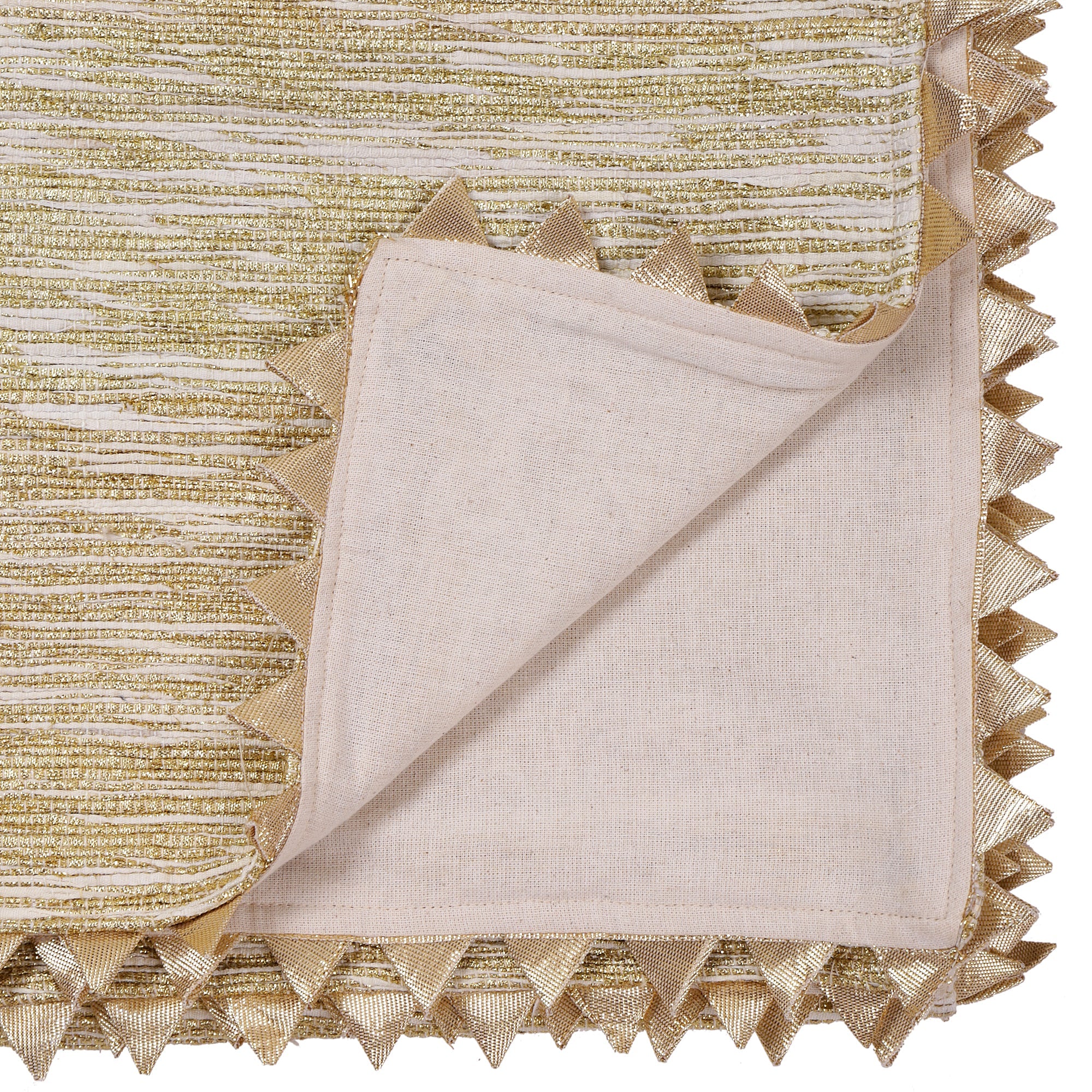 Square tree skirt made from upcycled golden-brown vintage saree fabric with woven texture and zigzag pinking shear edges, featuring a center opening with beige ribbon ties for closure, photographed against a white background