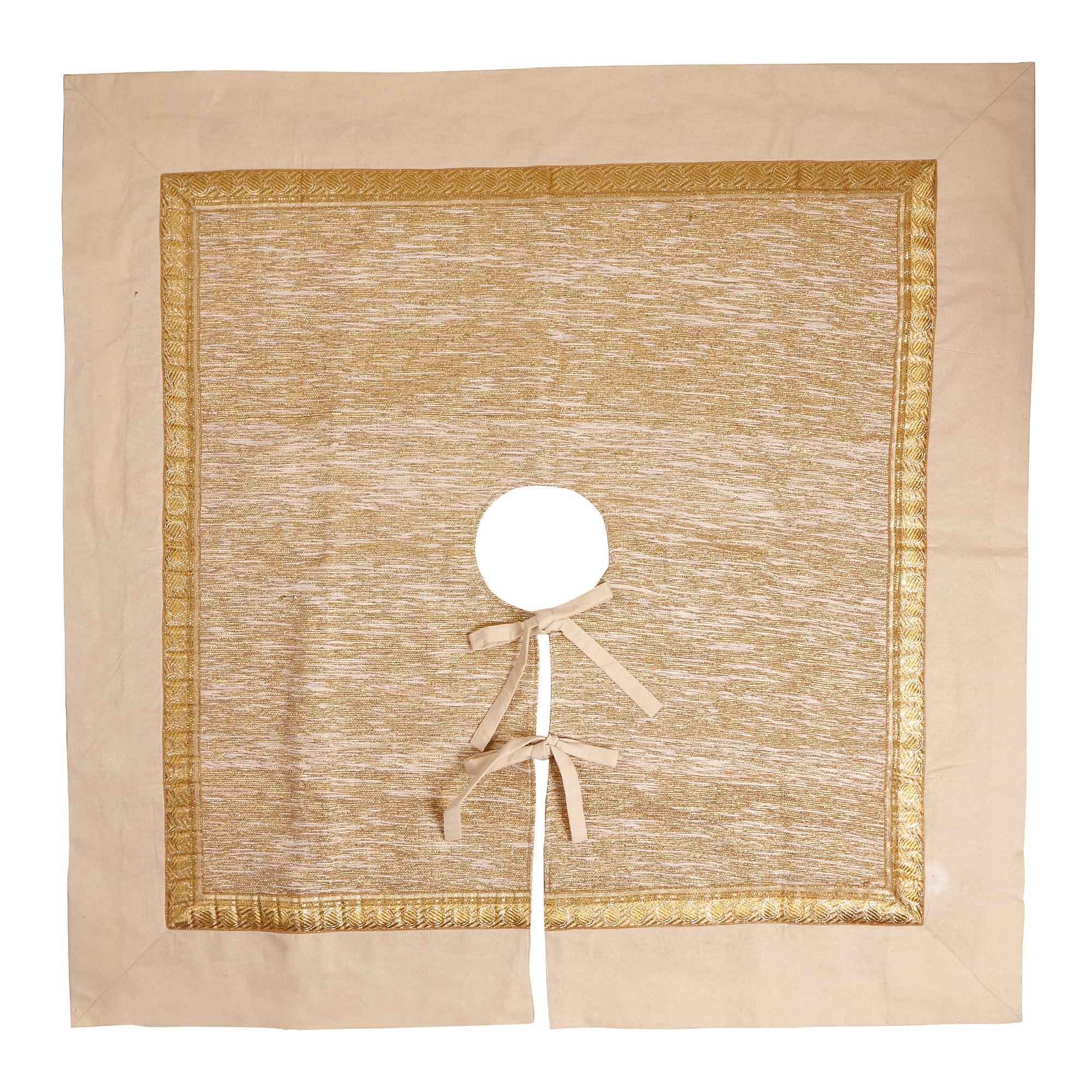 Circular tree skirt made from upcycled golden-brown vintage saree fabric with intricate woven texture and decorative border trim, featuring a center opening with white ribbon ties, photographed on a neutral background