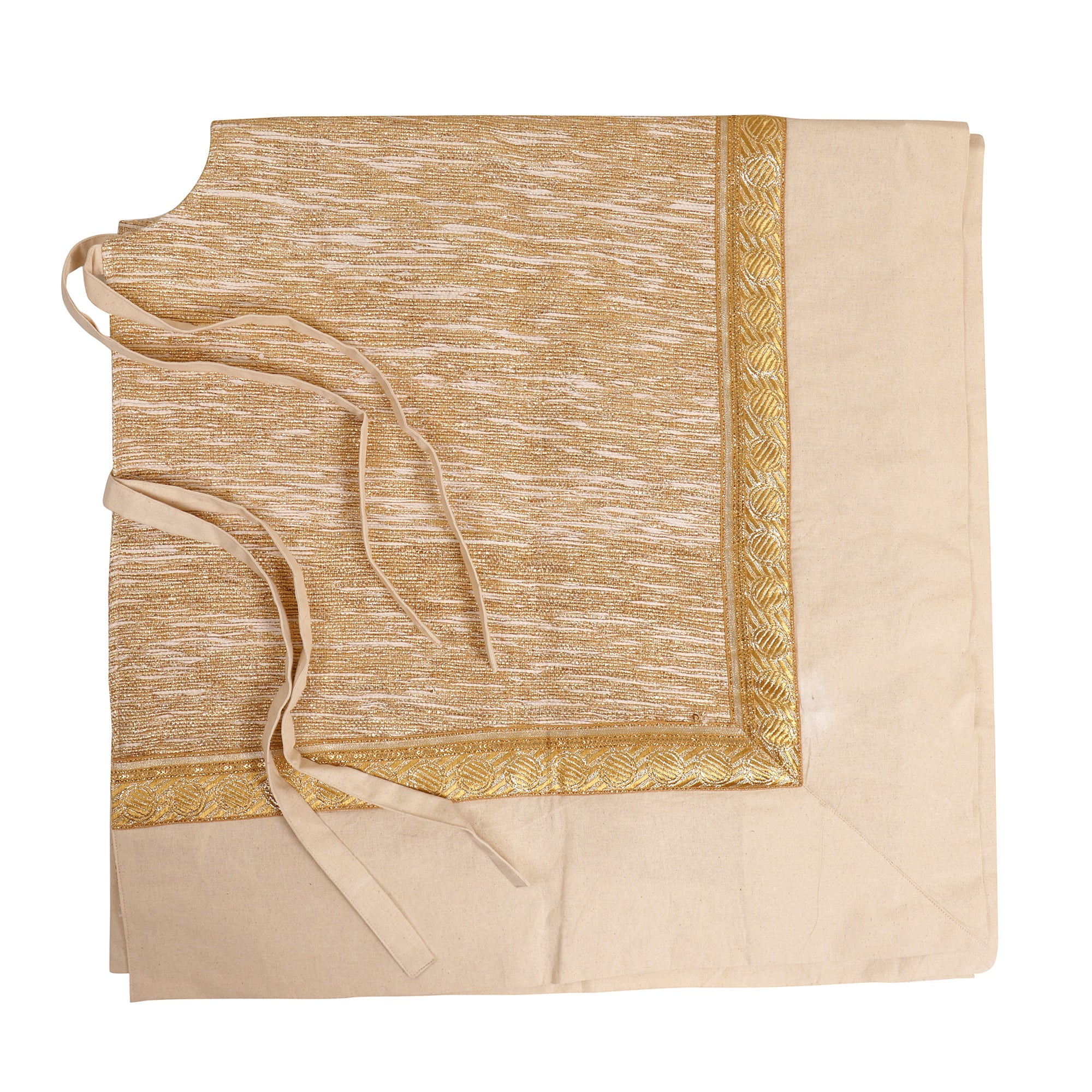 Circular tree skirt made from upcycled golden-brown vintage saree fabric with intricate woven texture and decorative border trim, featuring a center opening with white ribbon ties, photographed on a neutral background