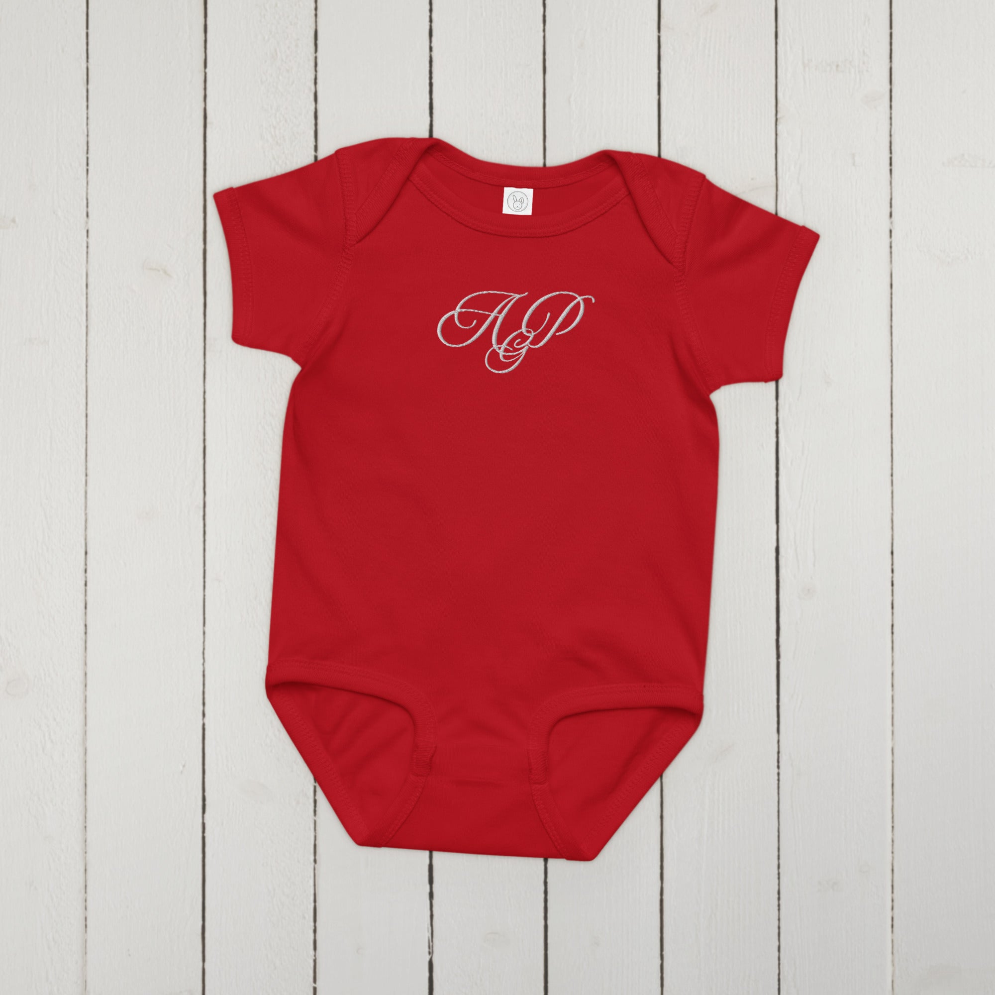 Elegant embroidered monogram Baby jersey bodysuit