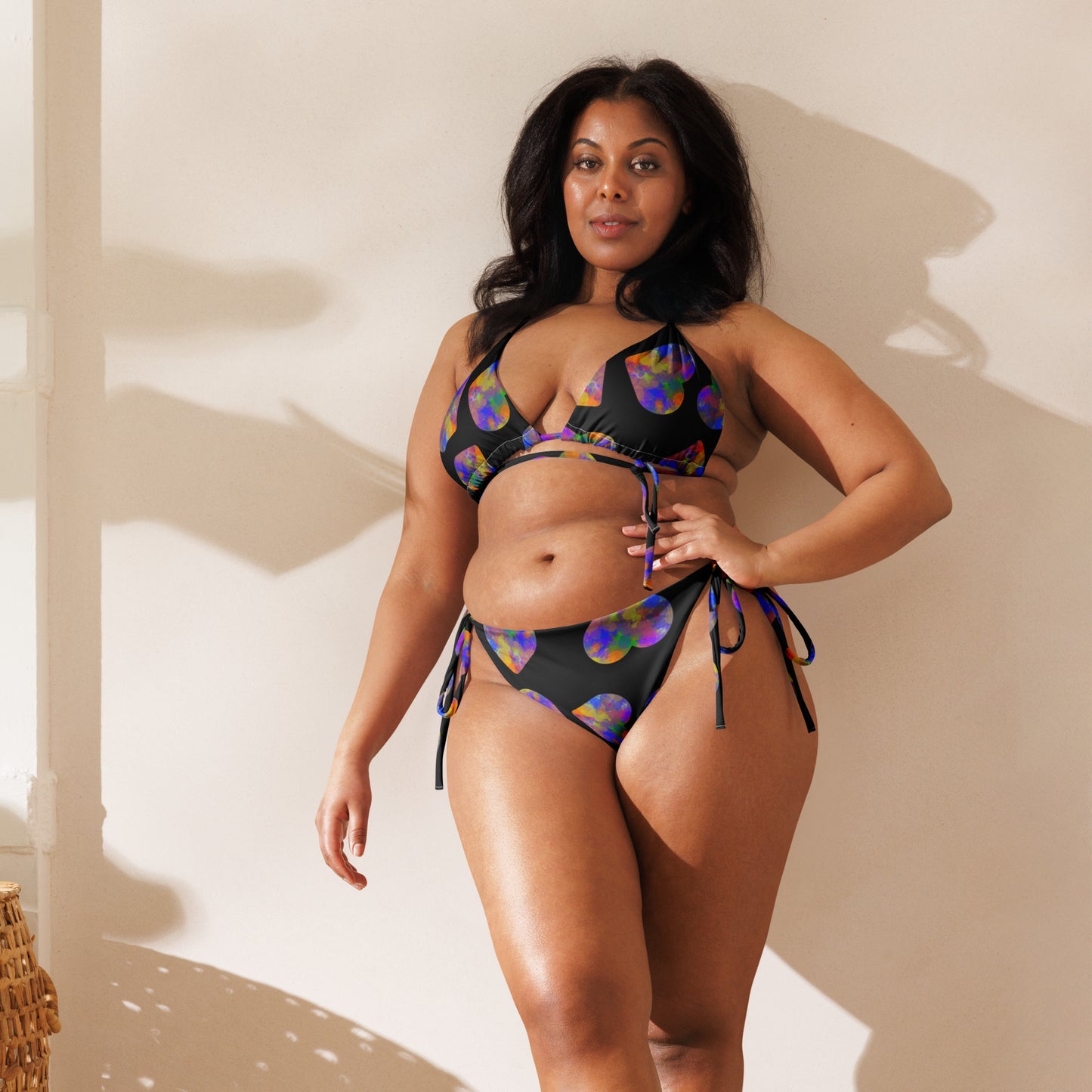 Rainbow color splash recycled string bikini - black