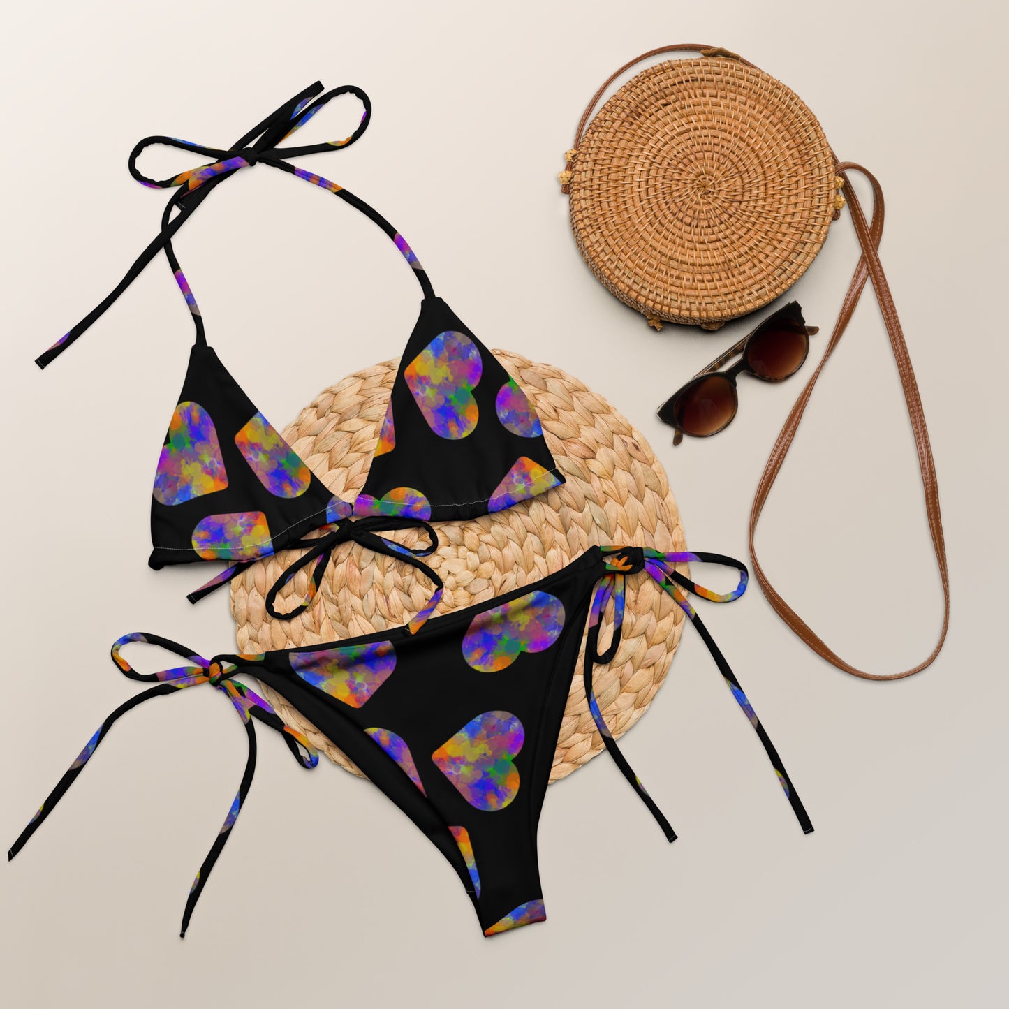 Rainbow color splash recycled string bikini - black