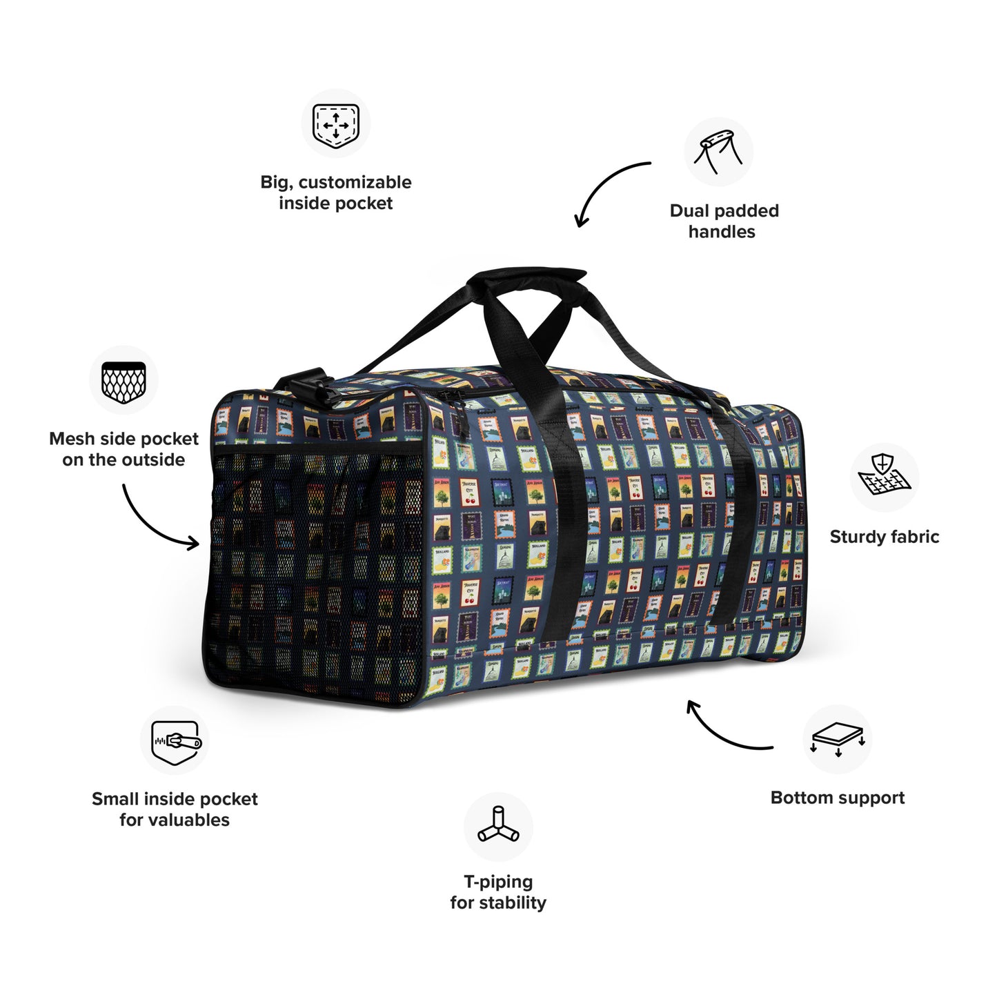 Michigan cities postage stamp Duffle bag