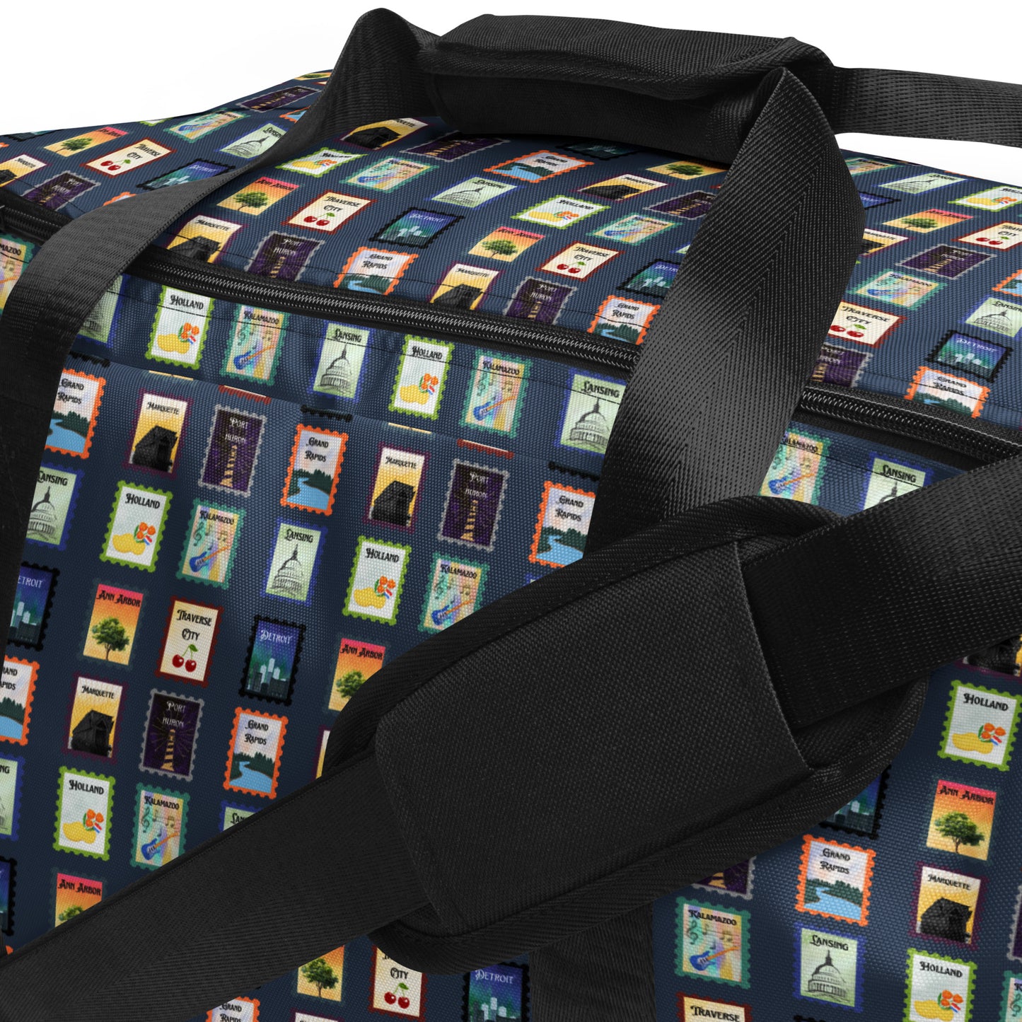 Michigan cities postage stamp Duffle bag