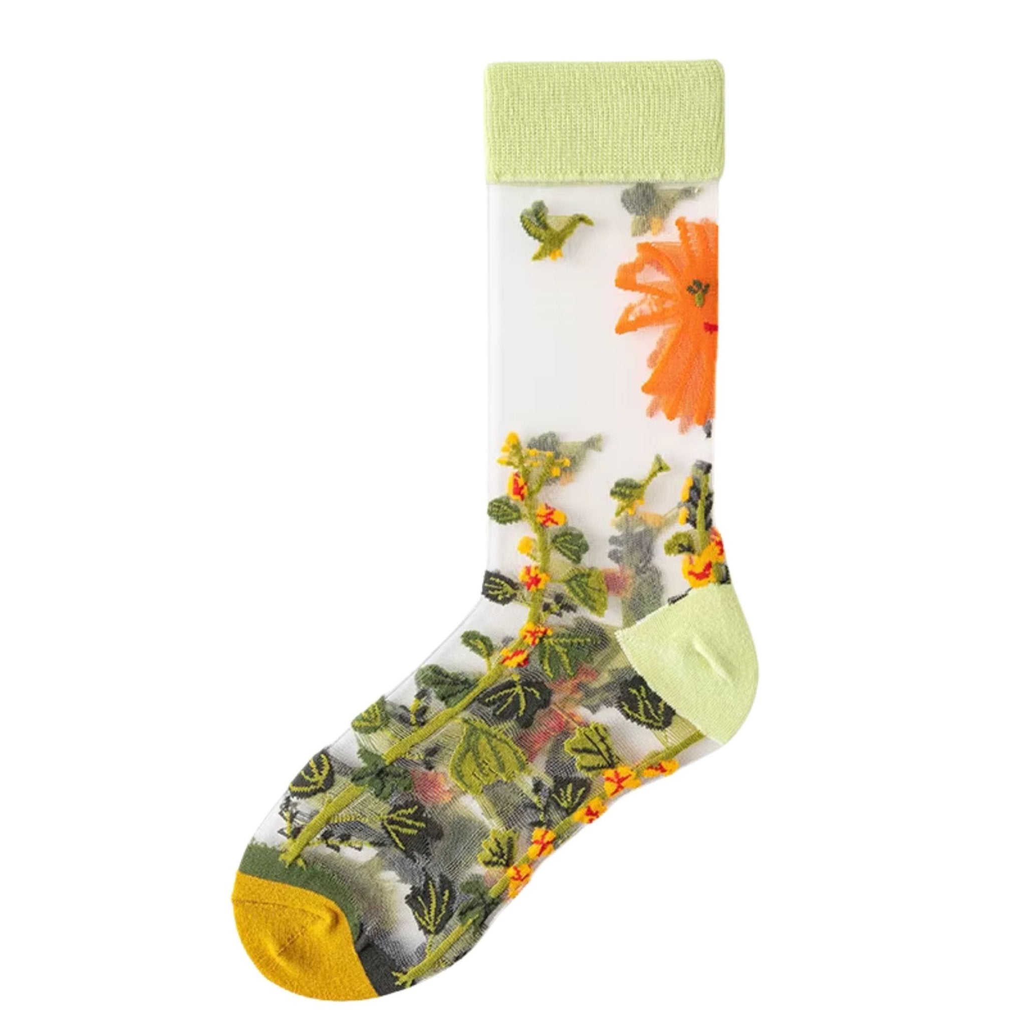 Three pairs of sheer mesh socks featuring different floral patterns - one with sunflowers on a white background, one with red roses and green stems, and one with orange and yellow wildflowers on a light green background, photographed against a white backdrop