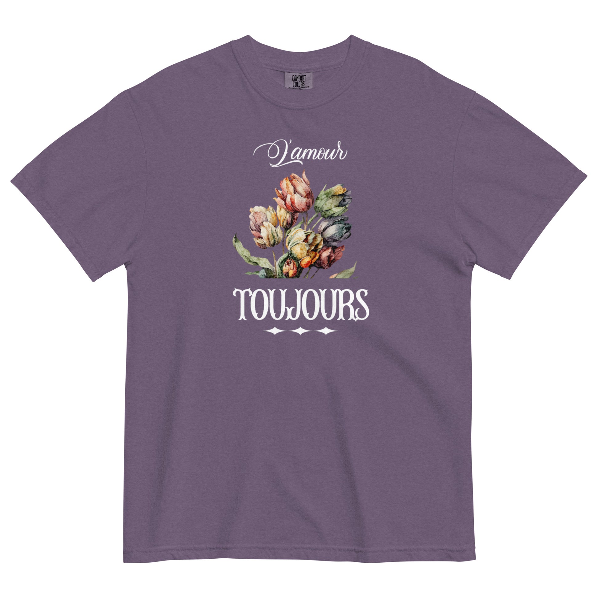 L'amour toujours Unisex garment - dyed heavyweight t-shirt - La Vie Bien - Feminine tees - Floral tee shirt - Francophone gifts
