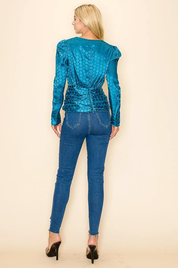 Long Sleeves V neck Top Polka Dot Print by Bella Moda Latina