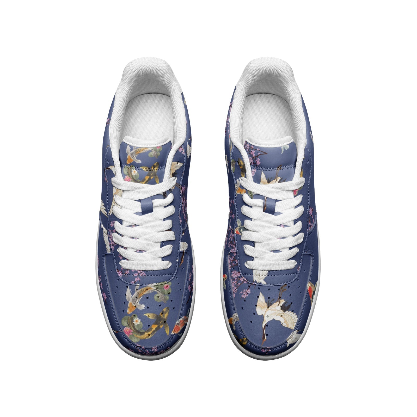 Cranes, koi fish, and cherry blossom indigo lace-up Unisex "Sakura Dreams" Low Top Leather Sneakers