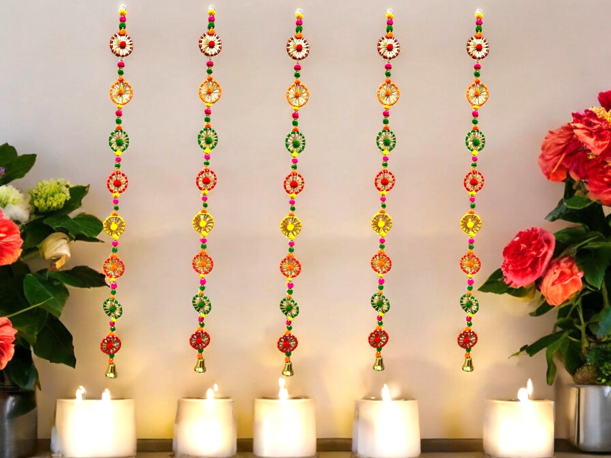 2 Feet Long Multicolor Gota Ring Hanging with bell Ornament, Set of 5