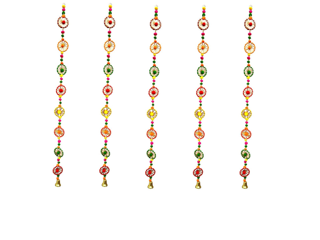 2 Feet Long Multicolor Gota Ring Hanging with bell Ornament, Set of 5
