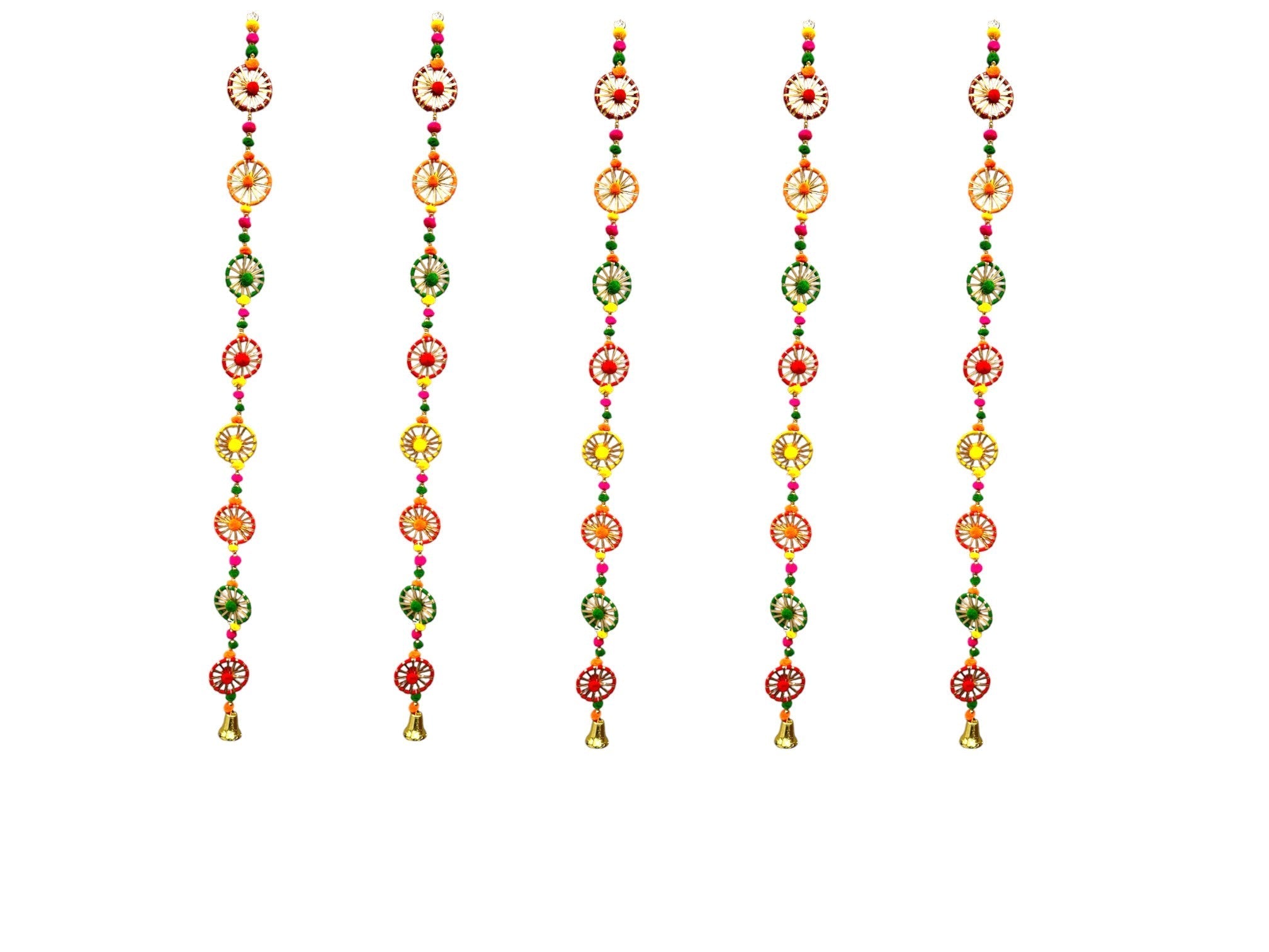 2 Feet Long Multicolor Gota Ring Hanging with bell Ornament, Set of 5