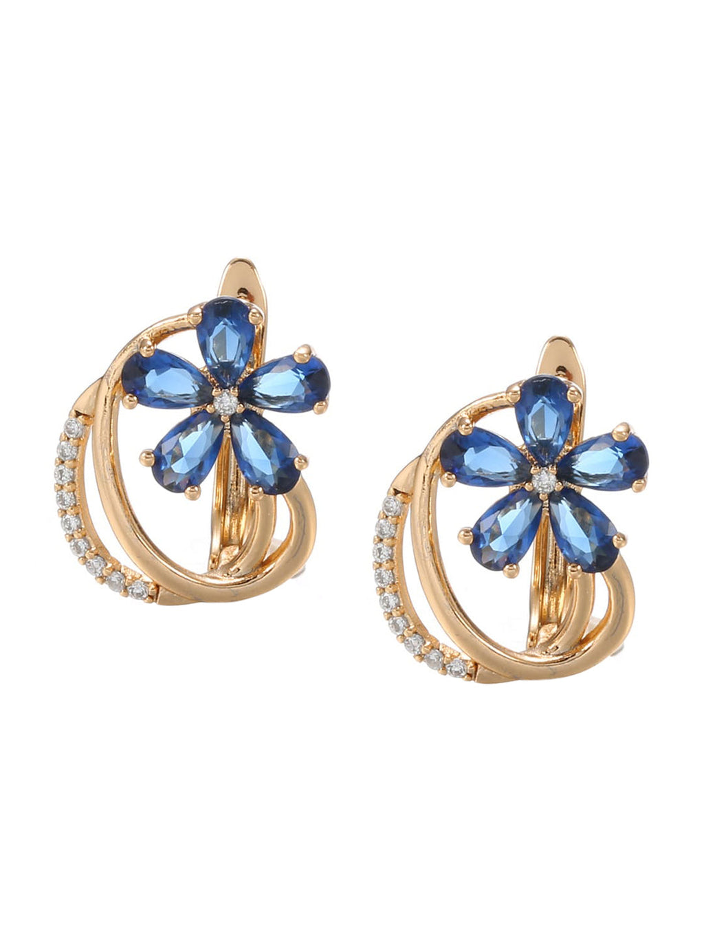 Shining Diva Rose Gold-Polished Blue Floral Studs Earrings