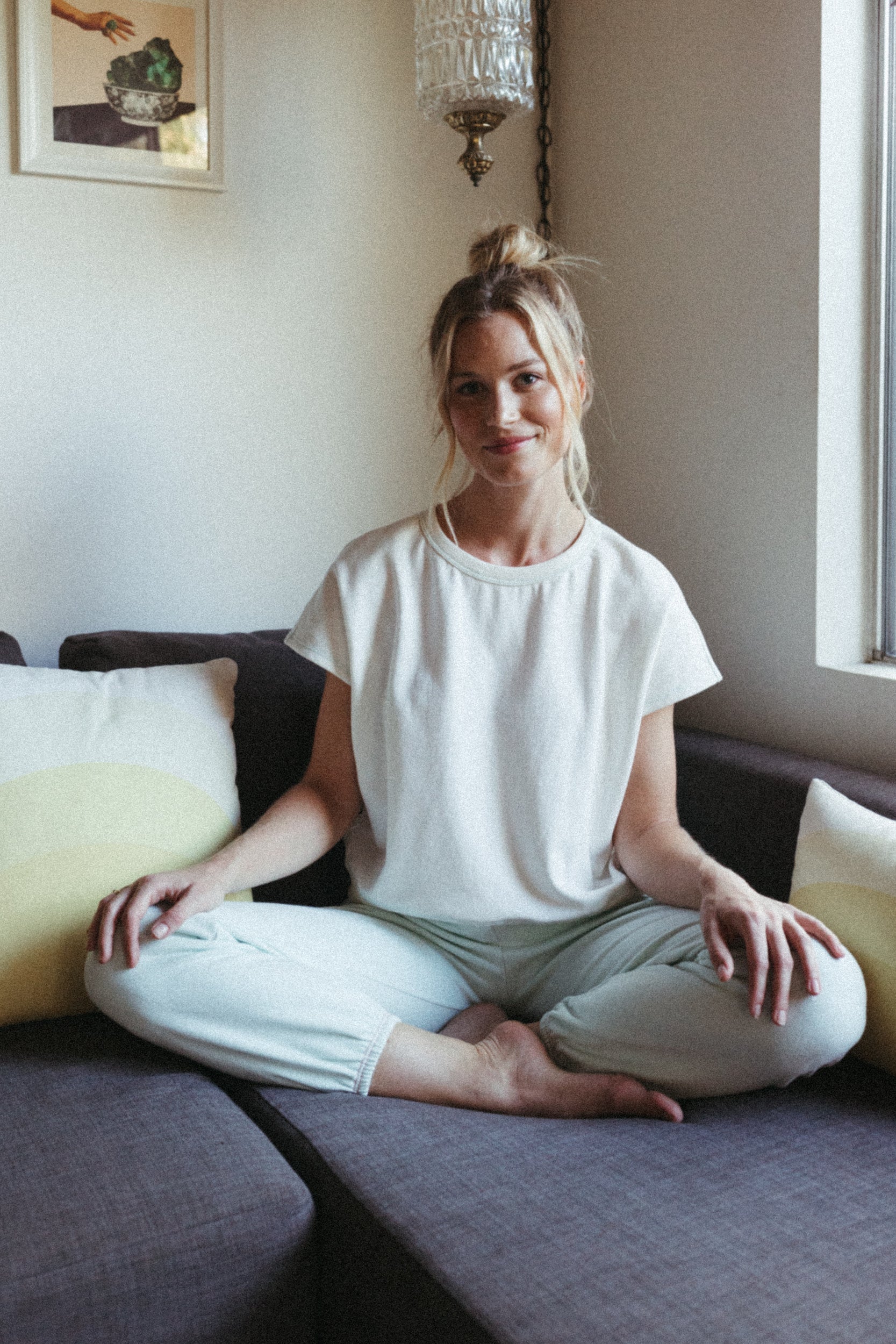 Organic Cotton Terry Bateau Top - Natural with Marine Green Stitching