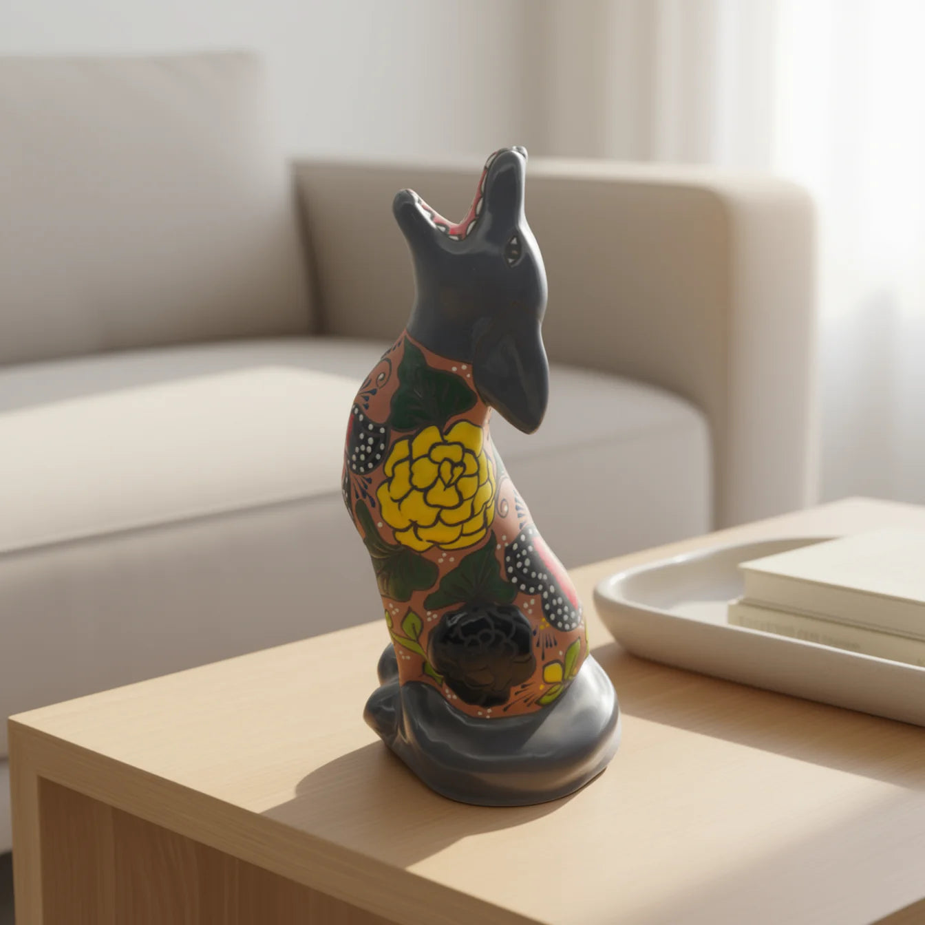 Talavera Howling Coyote Statue | Handmade Mexican Desert Animal Decor