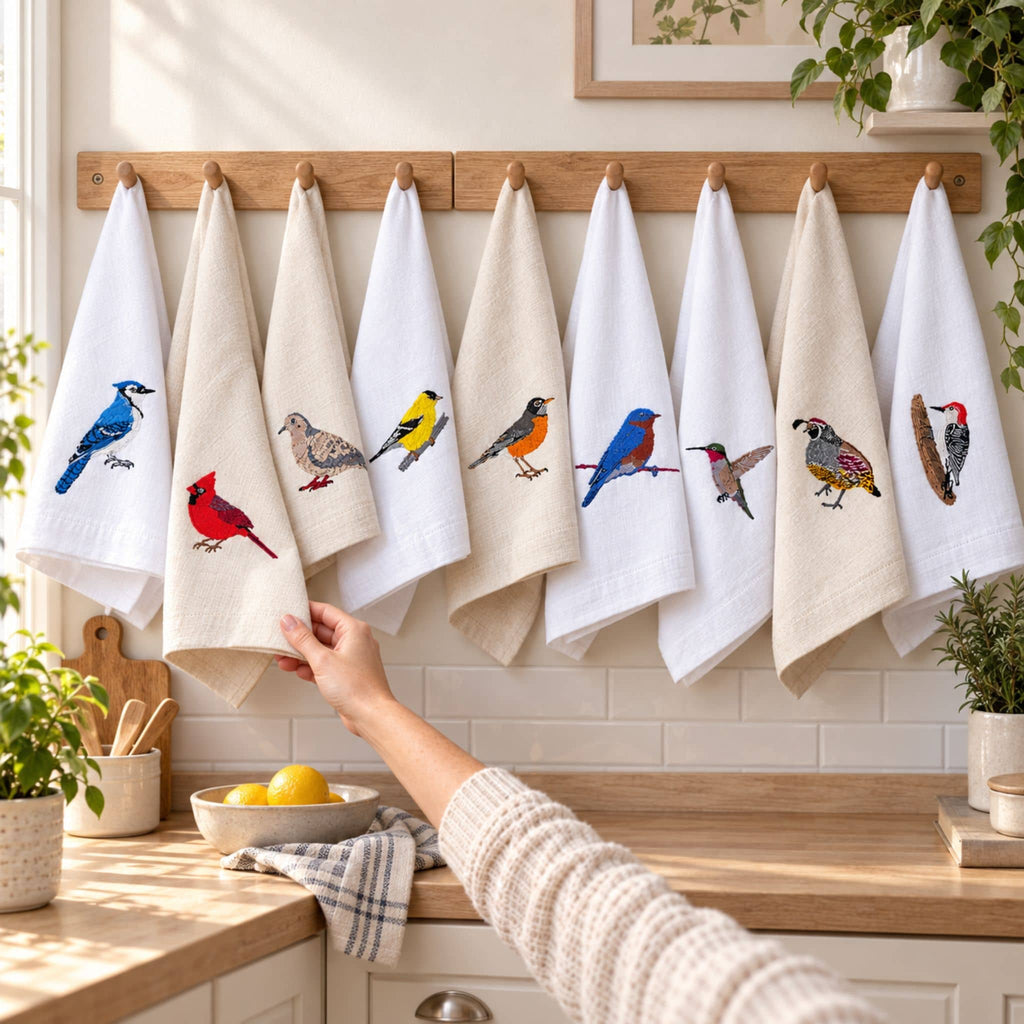 100% Cotton Tea Towels with Bird Embroidery - Kitchen Towels Kitchen Towels La Vie Bien 100% Cotton Tea Towels with Bird Embroidery - Kitchen Towels