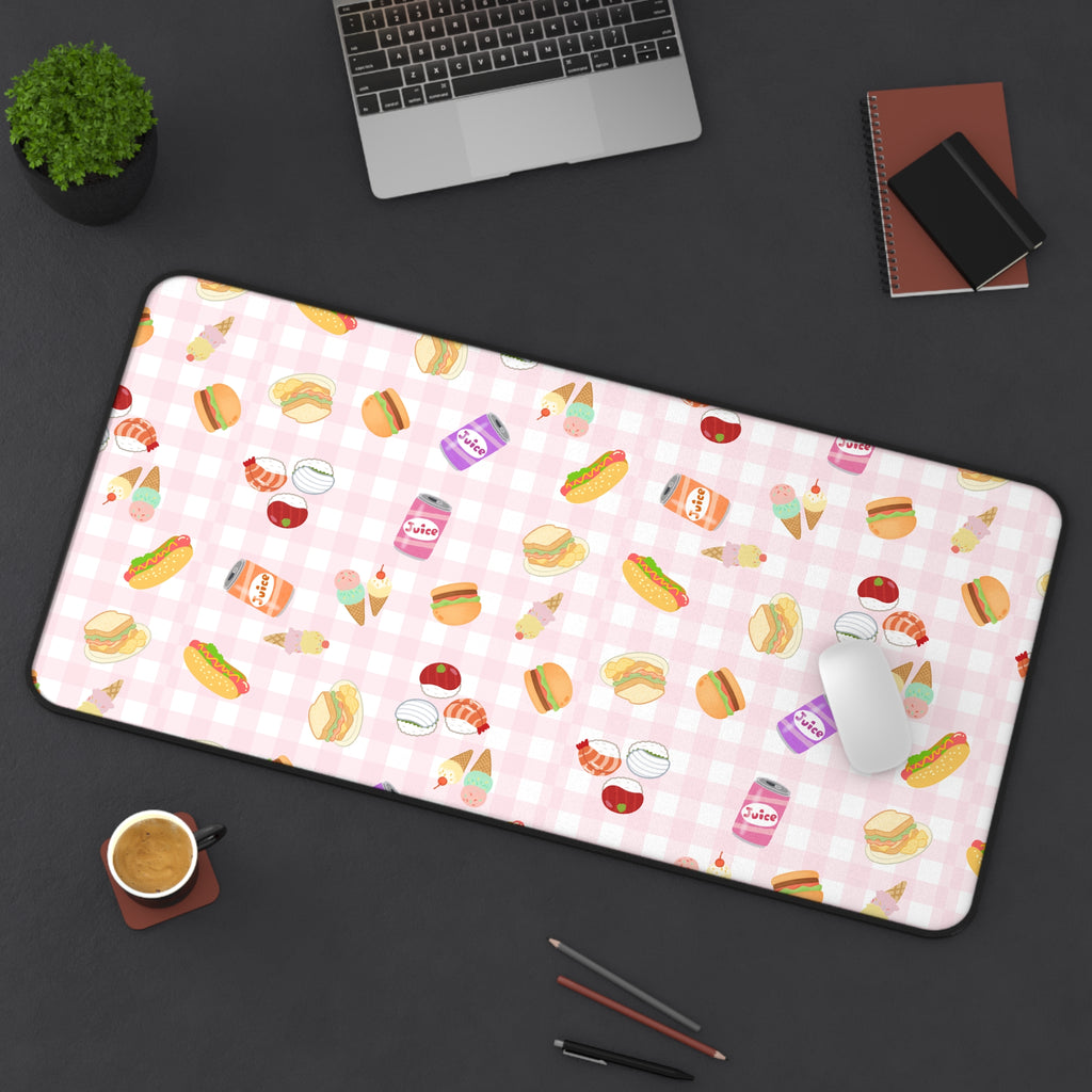 Pink gingham Foodie Picnic Snacks Desk Mat, Cute Food Pattern, light plaid Background