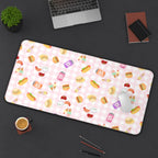 Pink gingham Foodie Picnic Snacks Desk Mat, Cute Food Pattern, light plaid Background