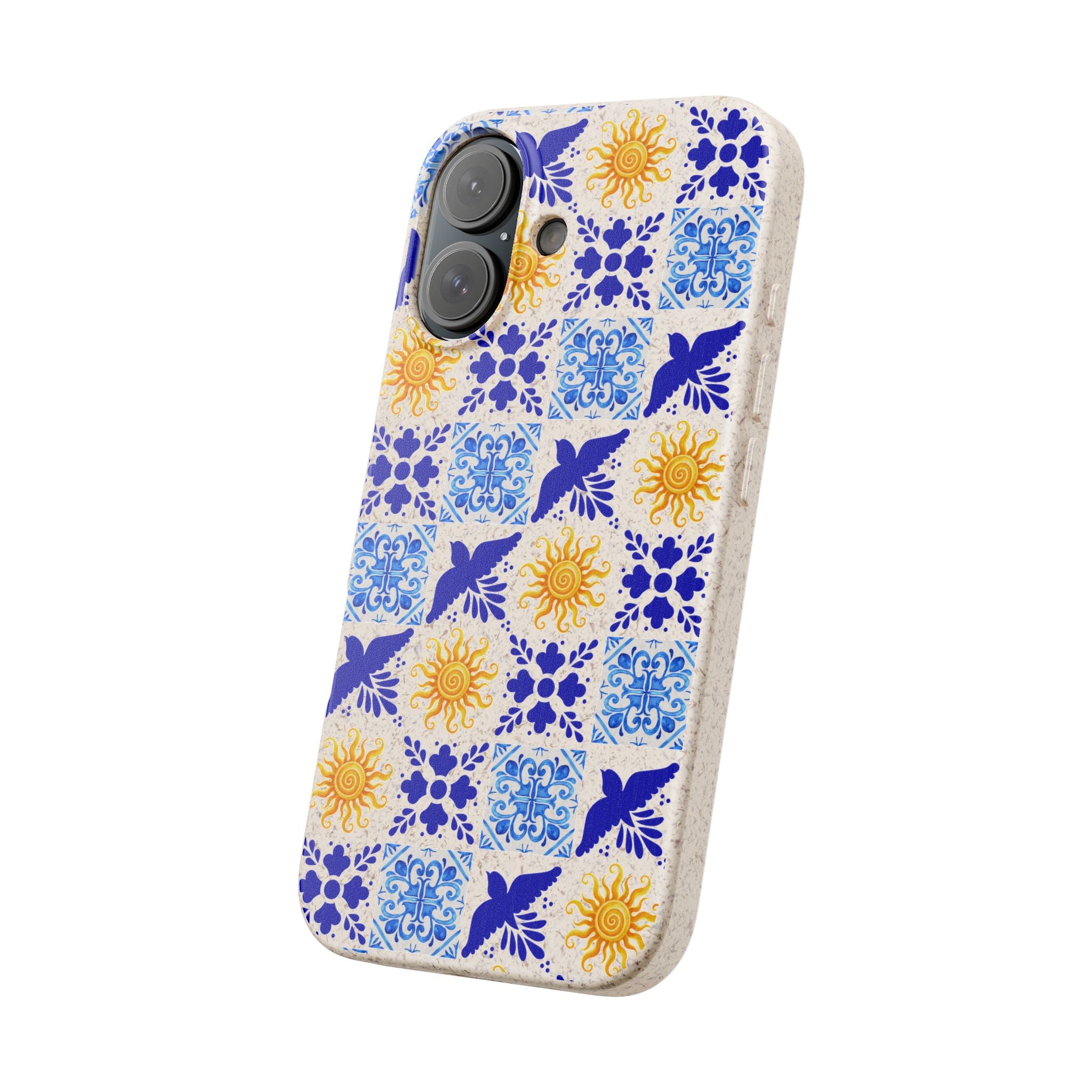 Eco friendly Blue Sun and Bird Talavera sol Tile Pattern Phone Case | Biodegradable Case