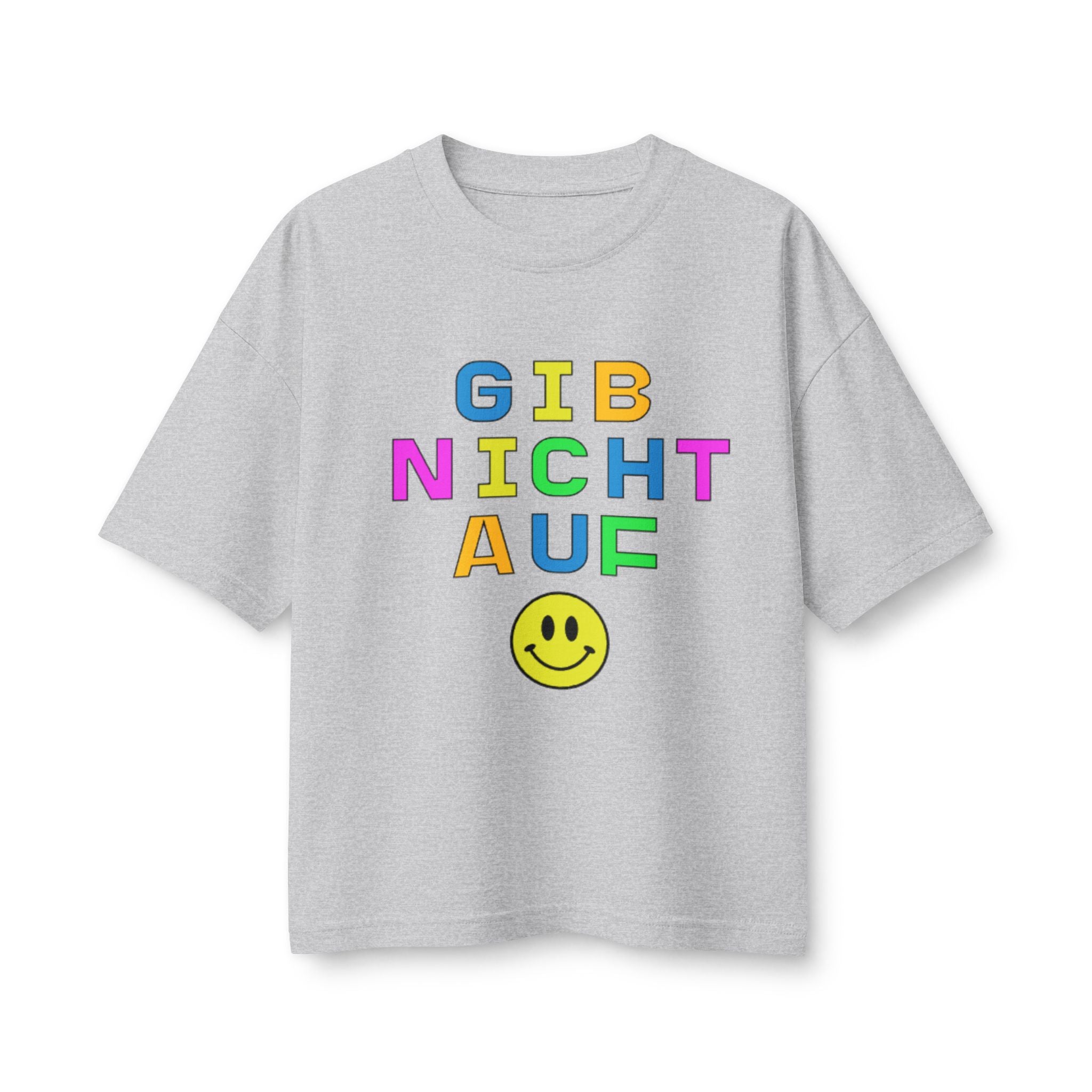 Gib Nicht Auf boxy Tee, Colorful German Motivational Graphic T-Shirt