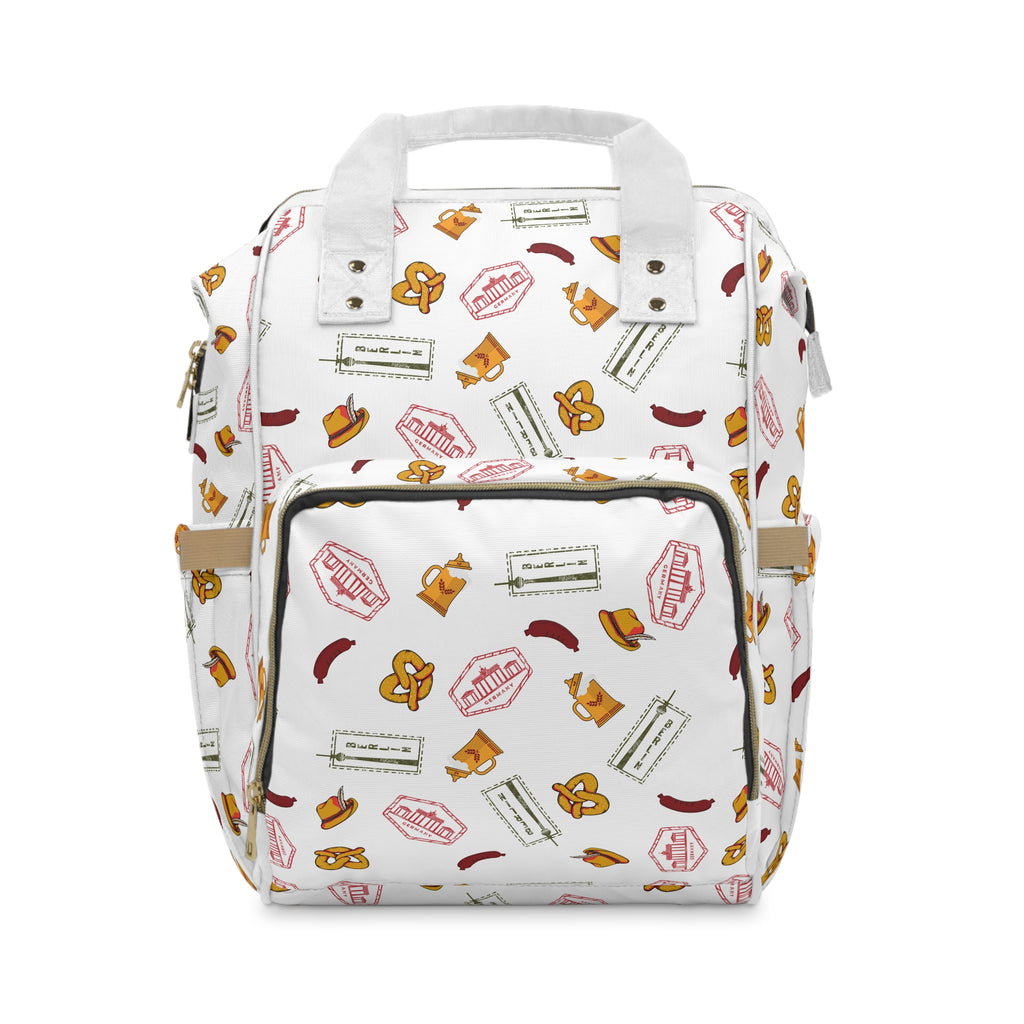 German goodies Diaper Backpack, White Travel Baby Bag with Berlin stamp, Bavarian pretzel, Fernsehturm tower, beer stein