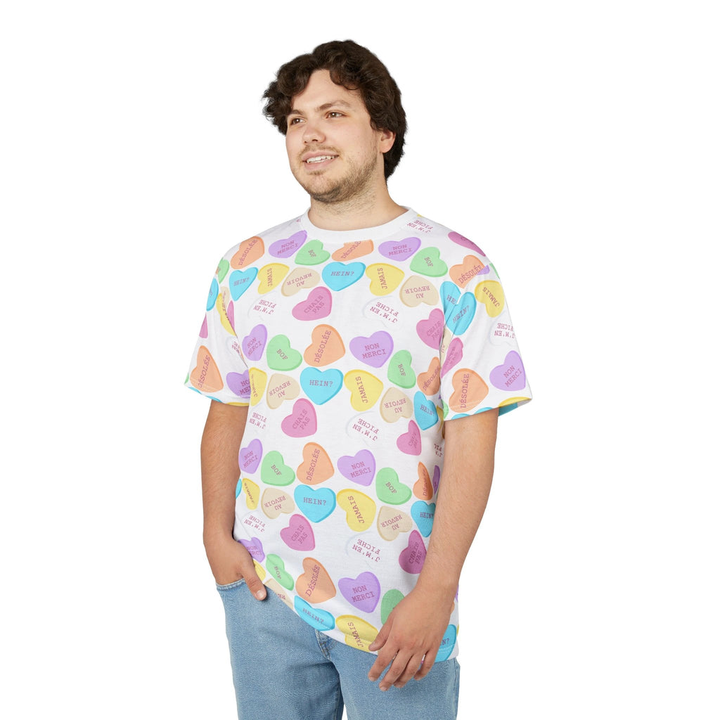 French sass Conversation Heart Pattern Tee, All-Over Print Candy Hearts T-Shirt by Printify