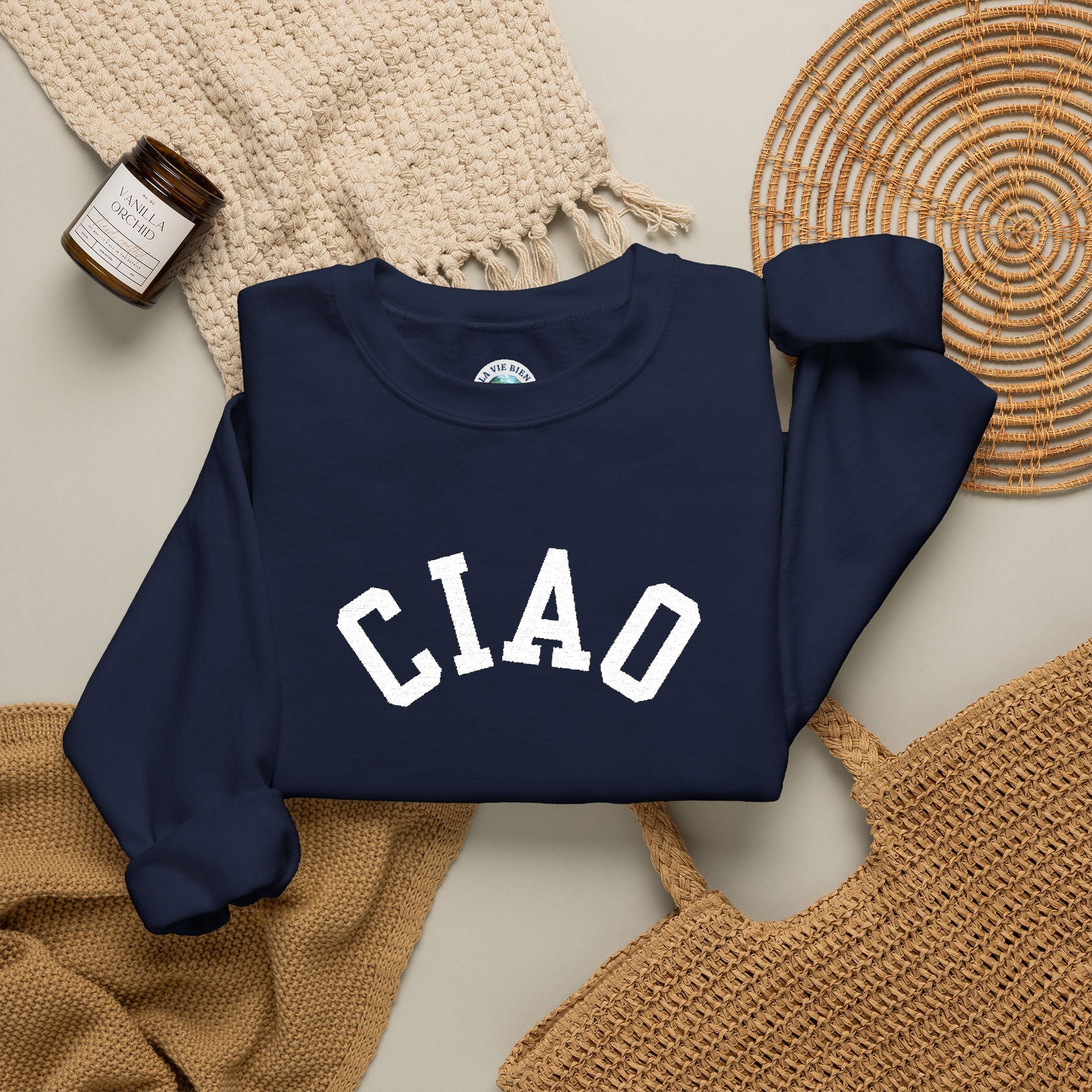 Ciao embroidered Italian Crewneck Sweatshirt, Italian Greeting Graphic Pullover