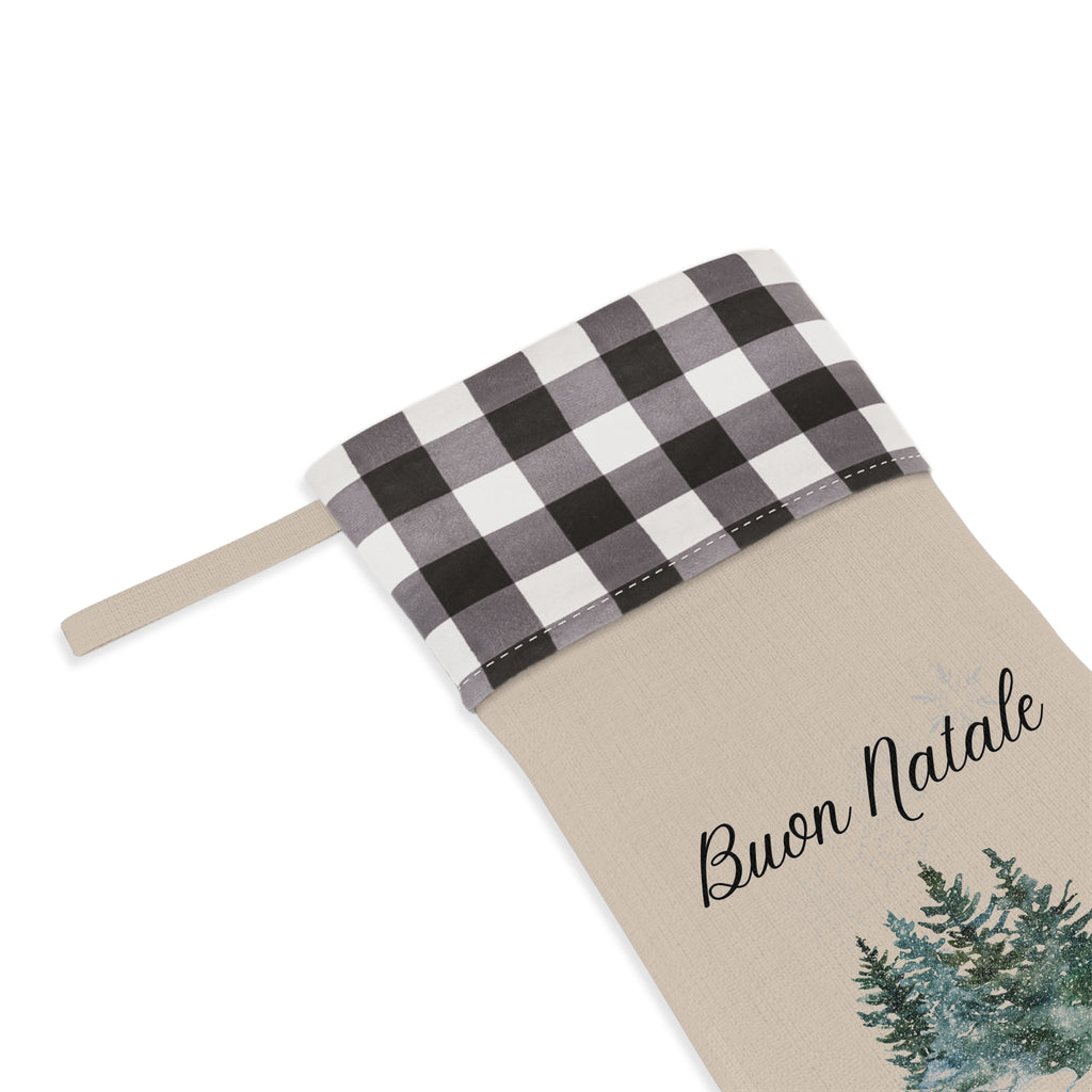 Buon Natale Italian Merry Christmas Pine Trees Christmas Stocking, Plaid Cuff, Holiday Stocking