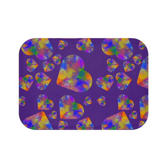 Purple paint splatter rainbow Hearts Bath Mat