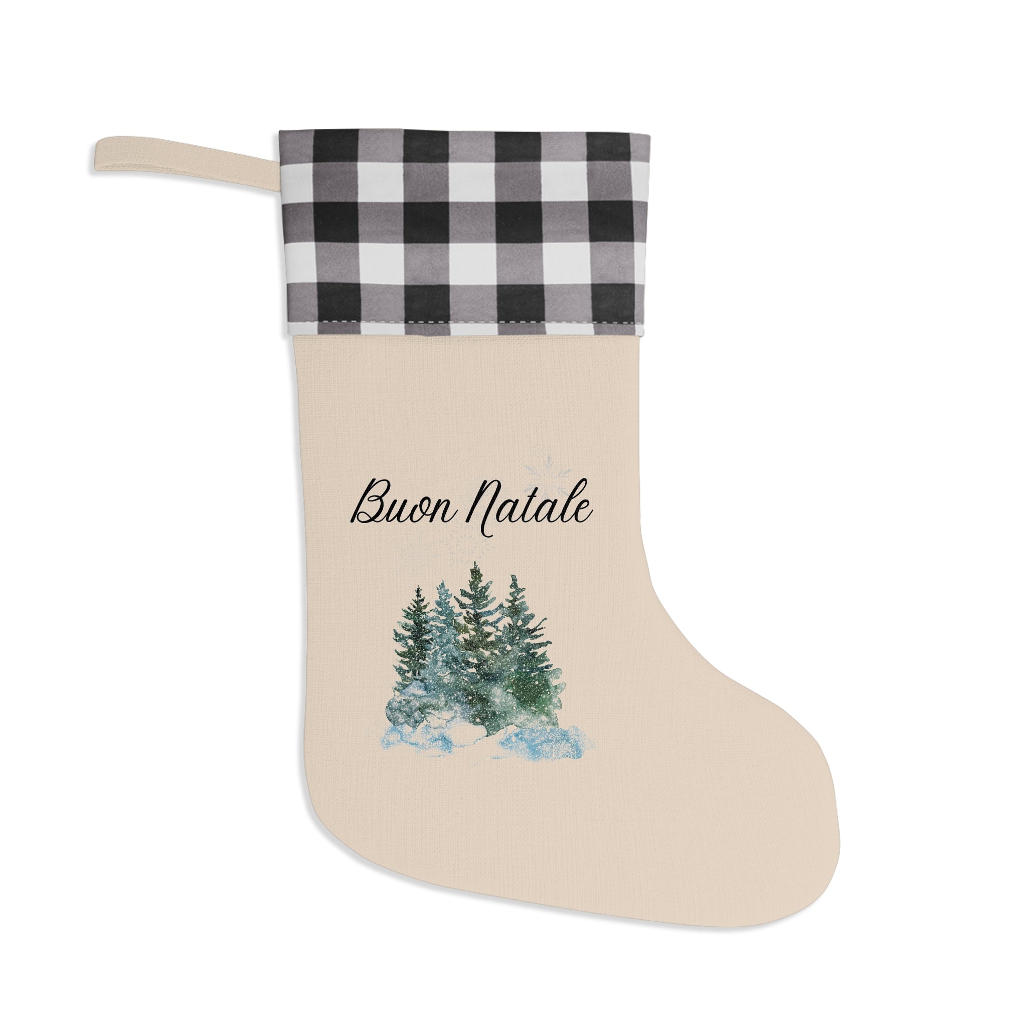 Buon Natale Italian Merry Christmas Pine Trees Christmas Stocking, Plaid Cuff, Holiday Stocking