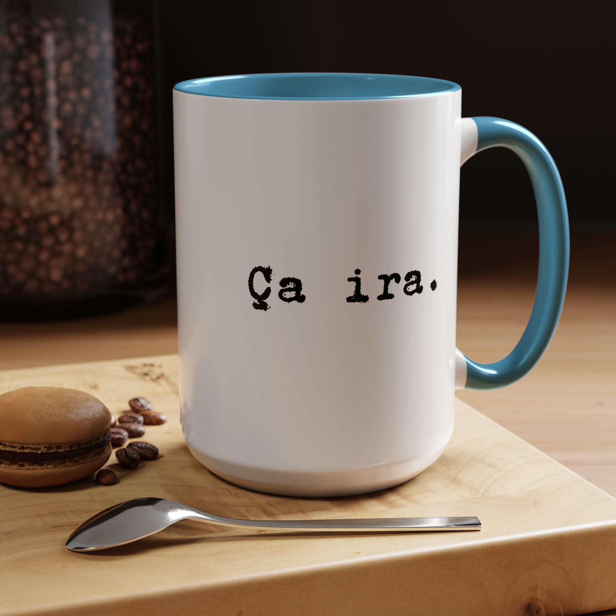 Ca ira Mug, French phrase, typewriter text, colorful accent handle