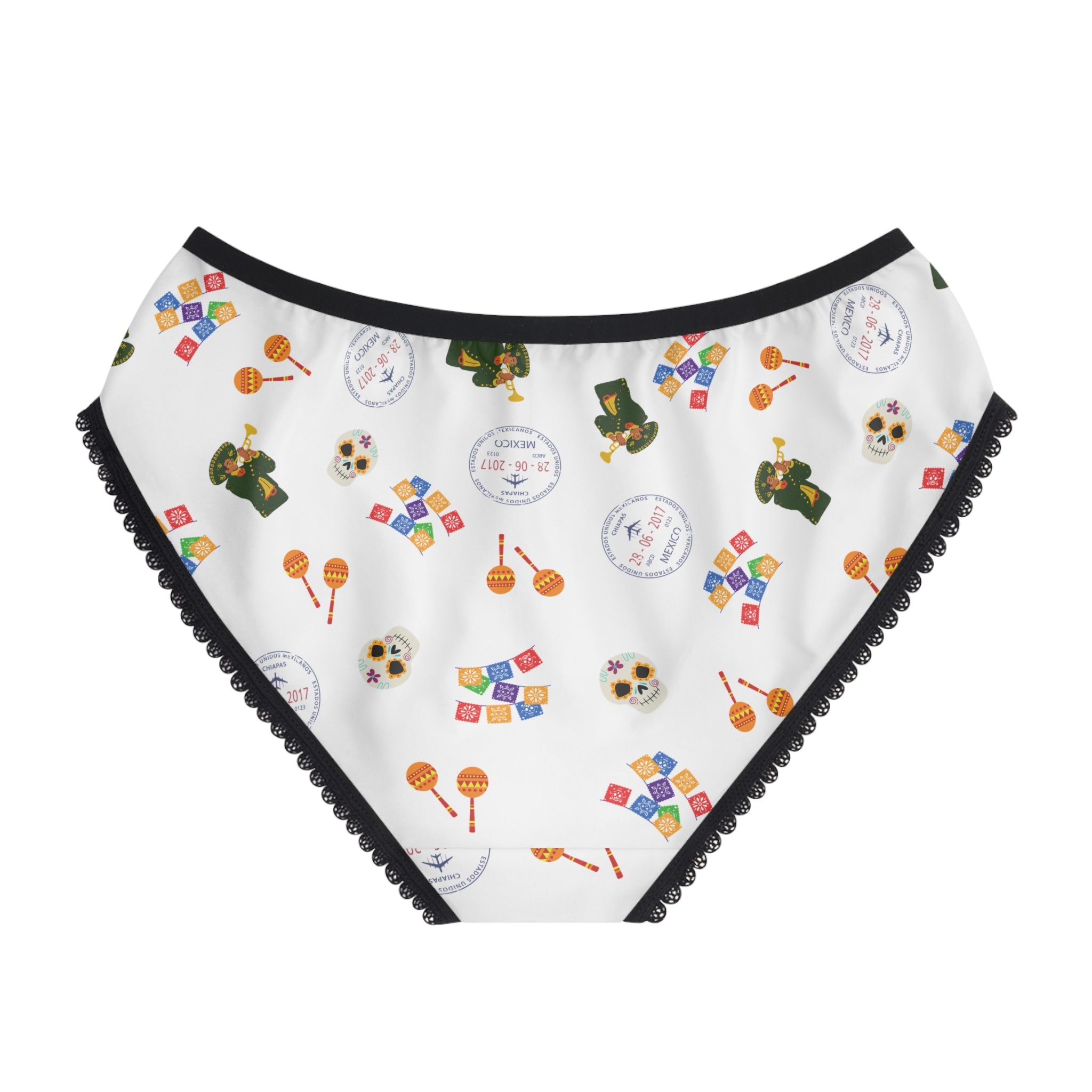 Mexican fiesta women's underwear, Day of the Dead Sugar Skull Pattern Briefs, papel picado and maracas