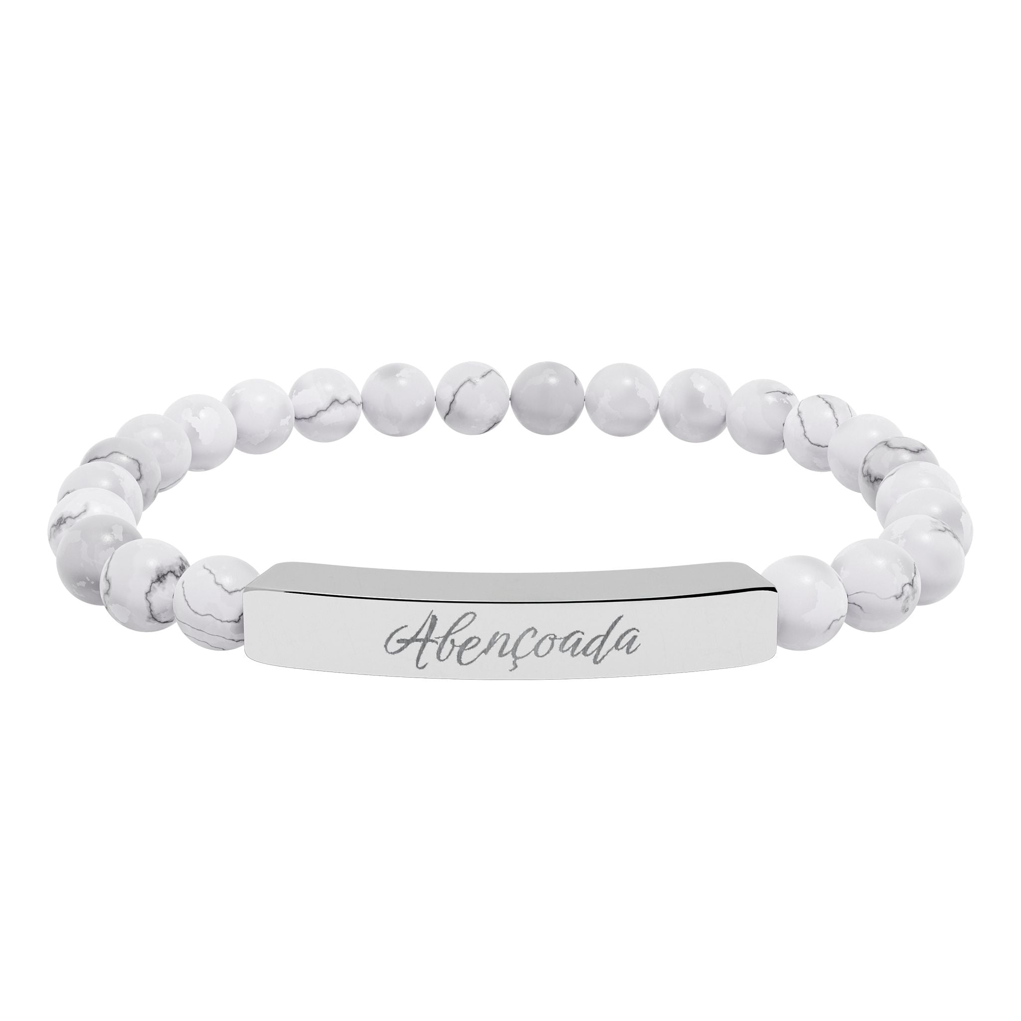 Abençoada Portuguese Blessed Engraved Natural Stone Bead Bracelet, Bar Stretch Bracelet