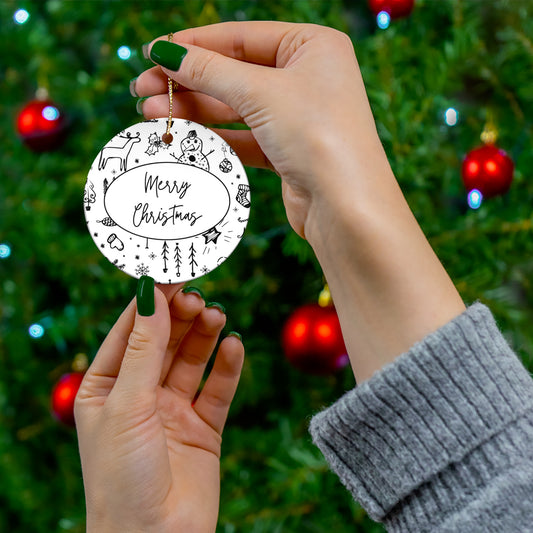 Black and White Merry Christmas Ceramic Ornament