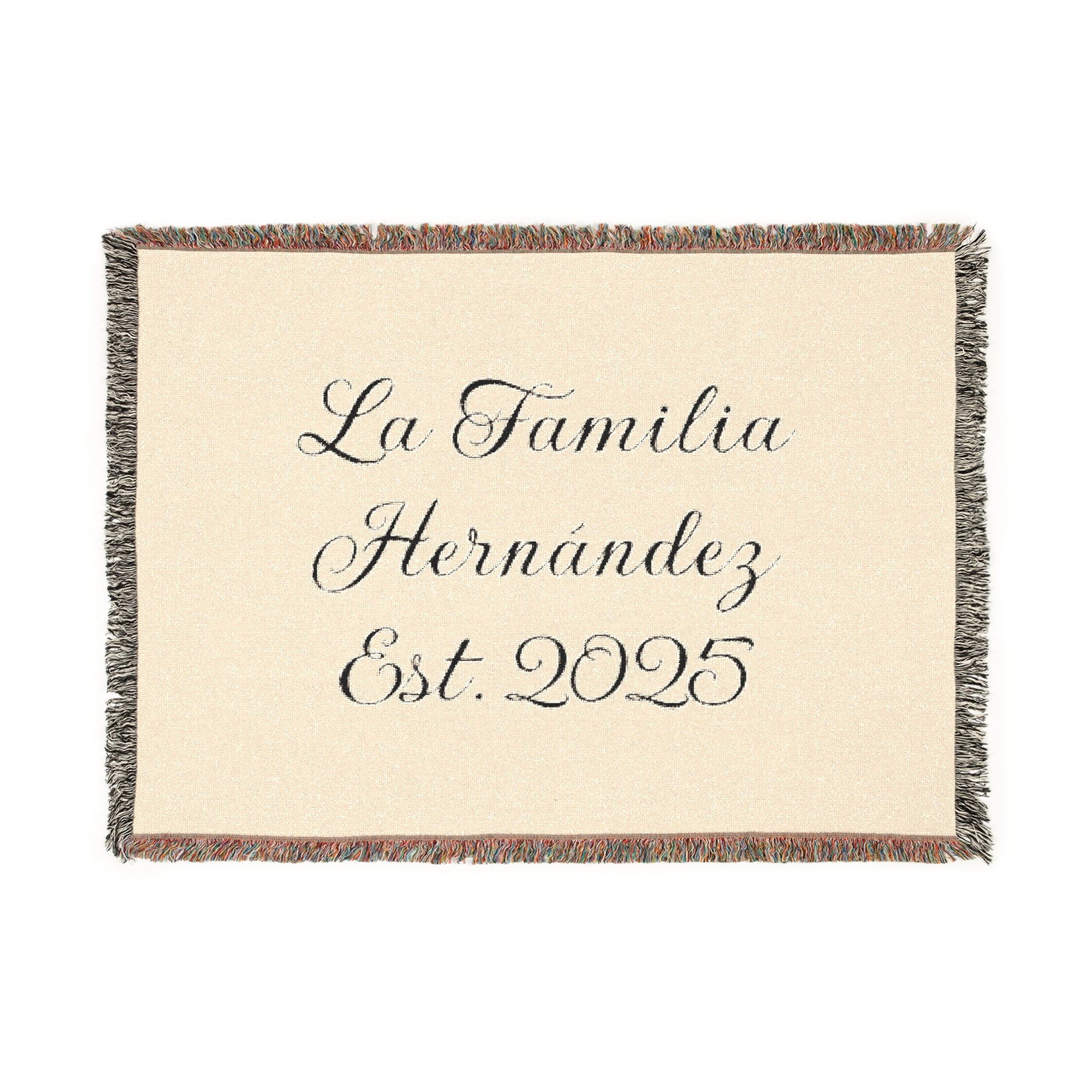 Manta tejida personalizada con apellido familiar y año
