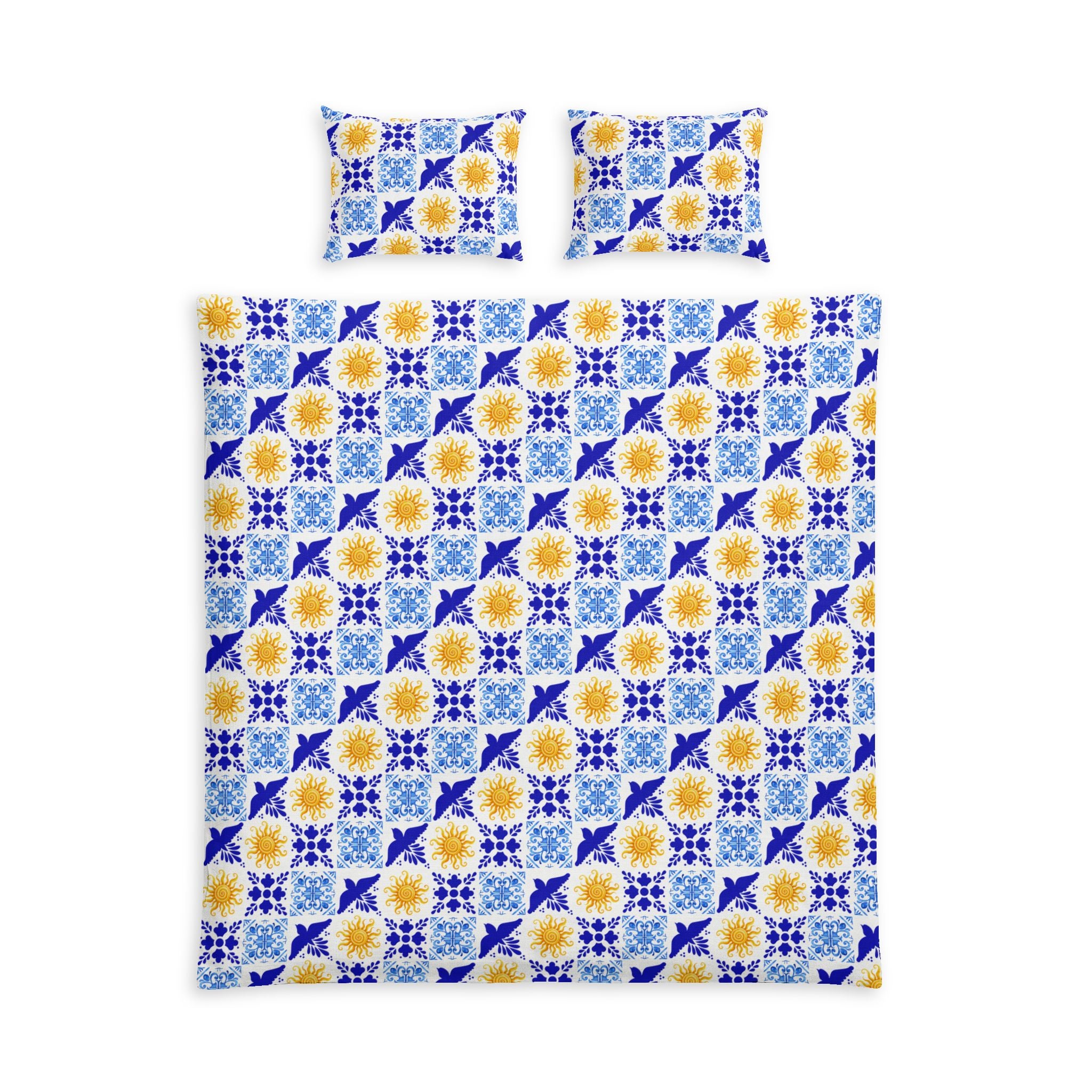 Mediterranean Sun 'Talavera Sol' Tile Cotton Bed Set - Blue, yellow, and white bedding