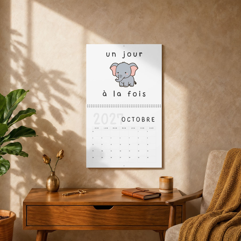 French motivational phrases kawaii Monthly Wall Calendar 2027, Cute Encouragement Calendar