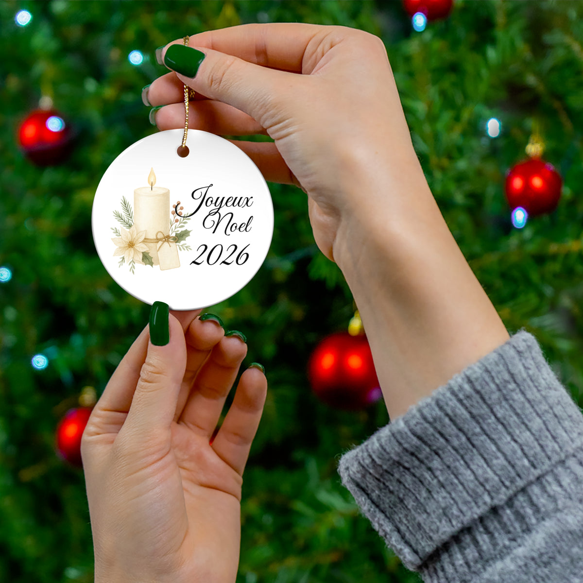 Joyeux Noël 2026 Candle and Floral Ceramic Ornament