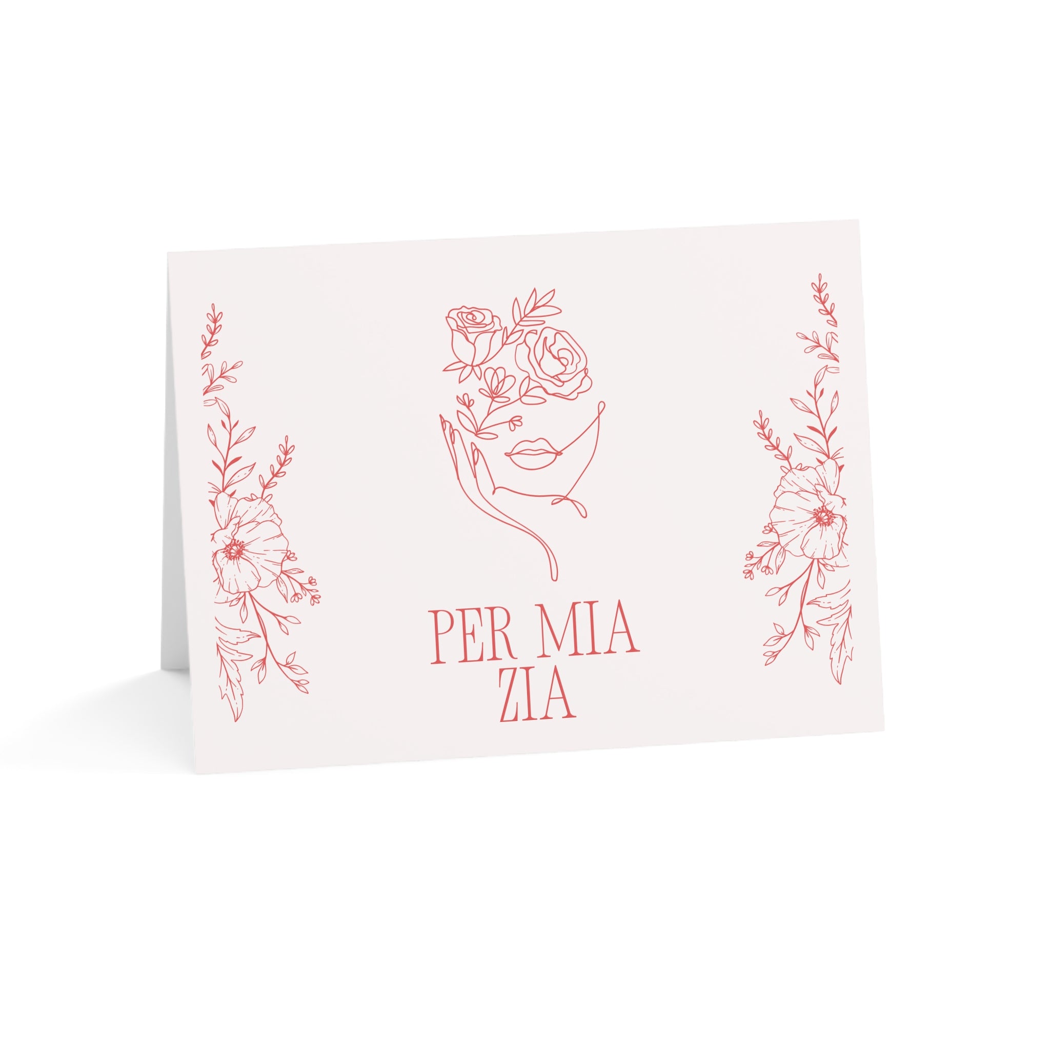 Per Mia Zia Italian Aunt pink Greeting Card, Floral Line Art Card with envelope included, blank inside