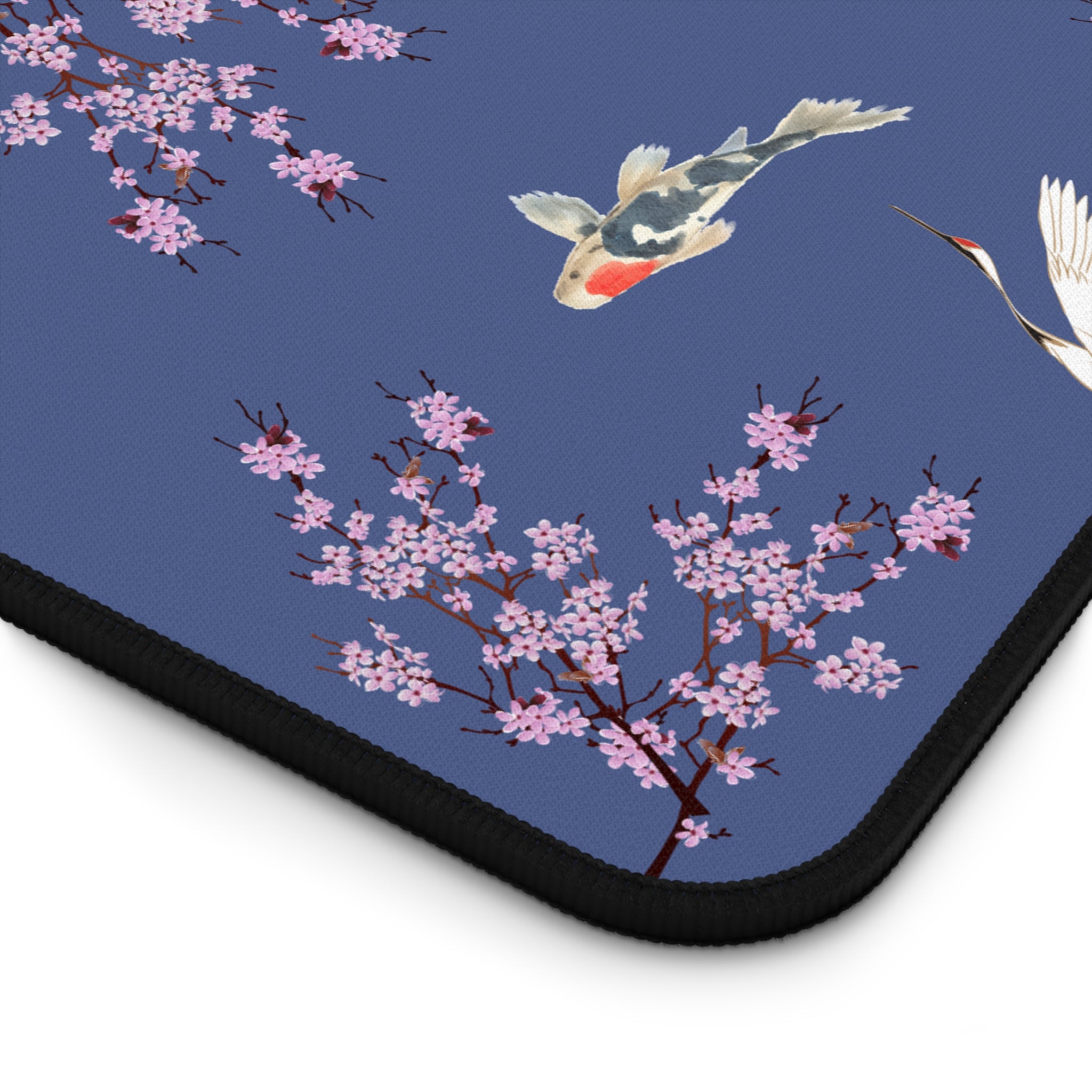 Elegant Cranes, Koi fish, and Cherry Blossom Desk Mat, Blue Floral Desk Pad
