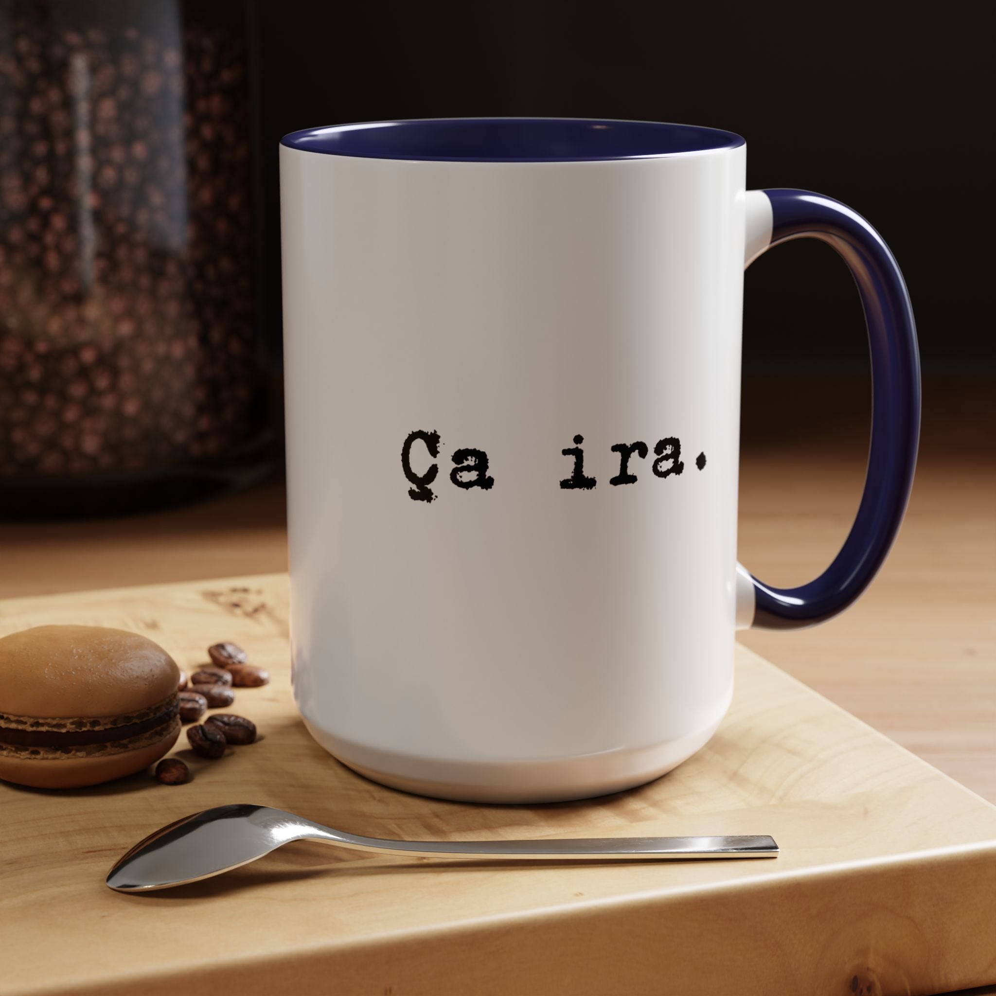 Ca ira Mug, French phrase, typewriter text, colorful accent handle