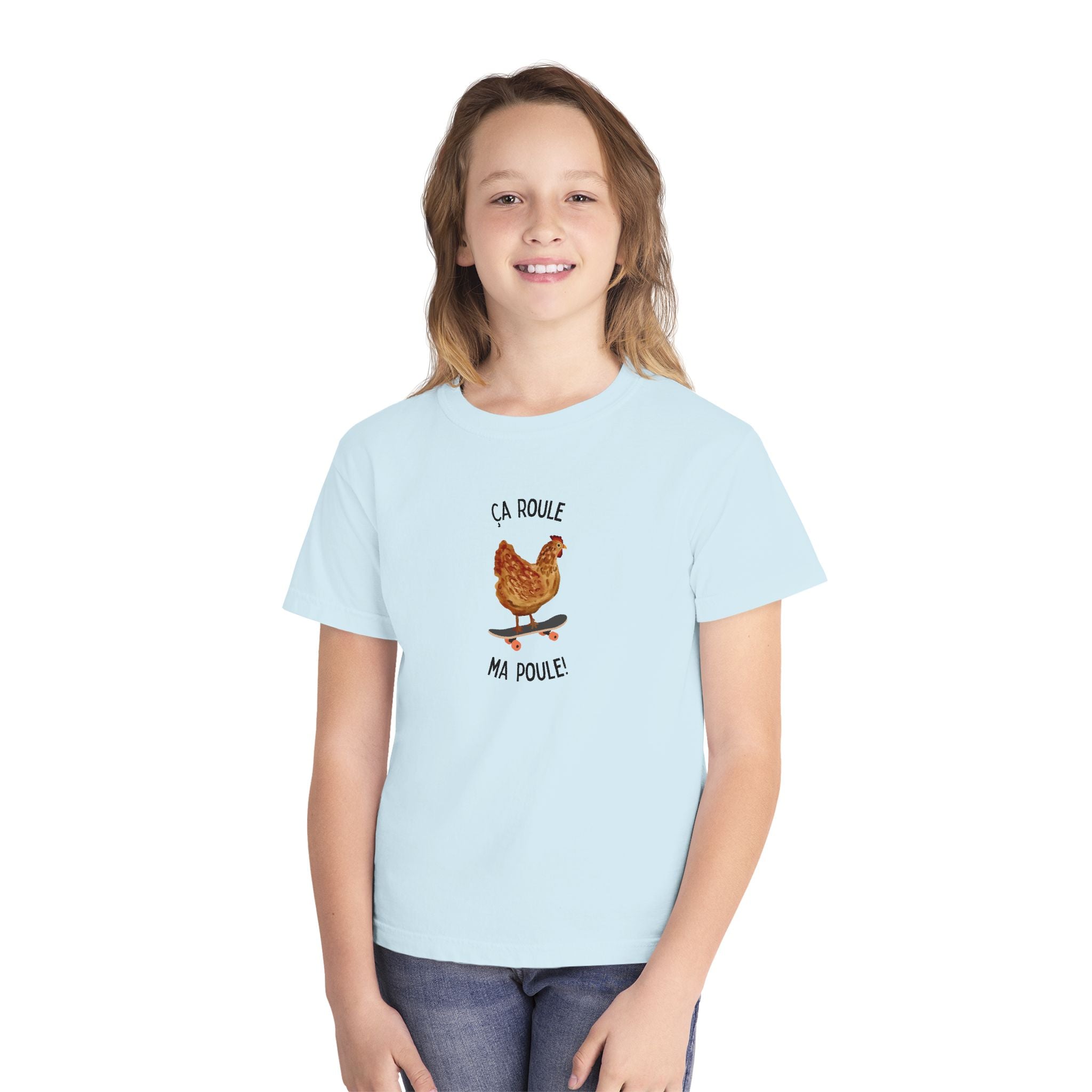 Kids funny French tee "Ça Roule Ma Poule", Youth T-Shirt, Cute Farm Animal Design